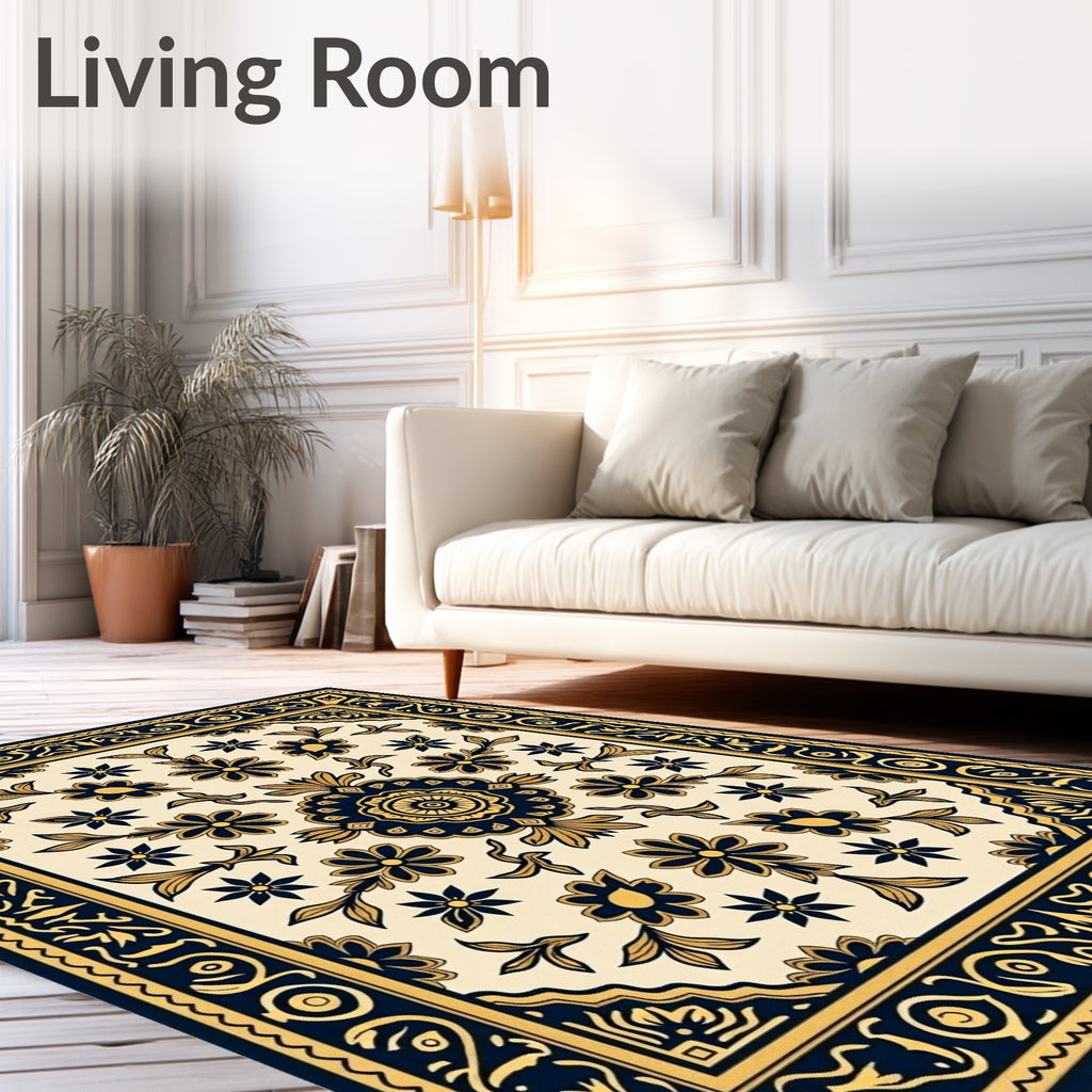 Navy Gold Floral Medallion Square Rug