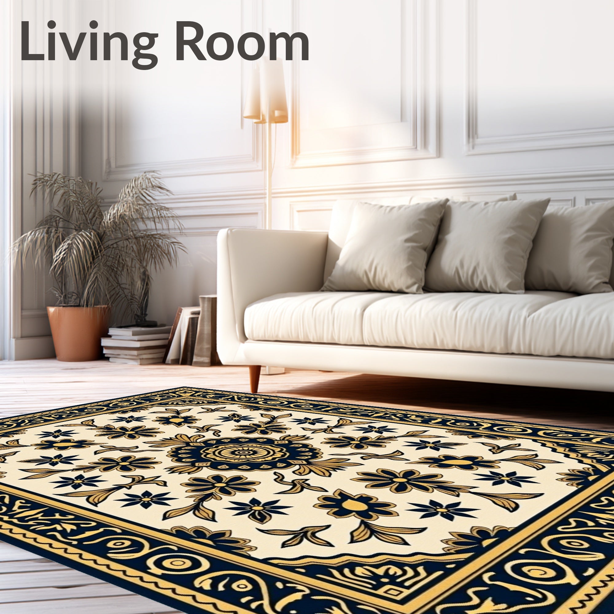 Navy Gold Floral Medallion Square Rug
