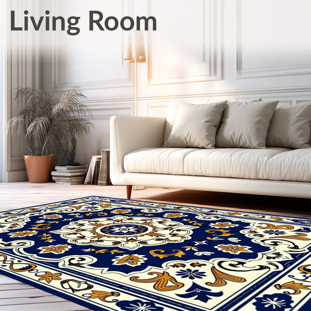 Navy Golden Floral Medallion Rug