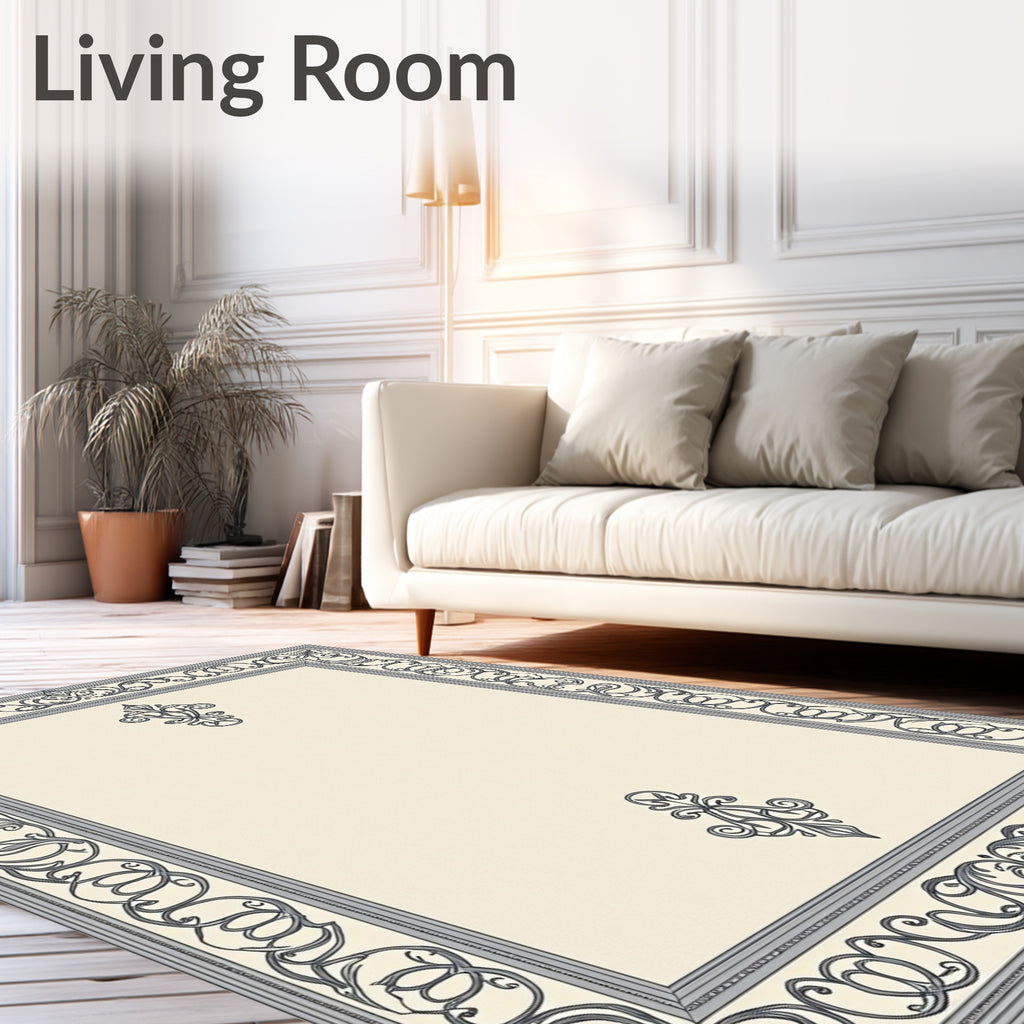 Ornate Gray Scrollwork Embellished Frame Rug