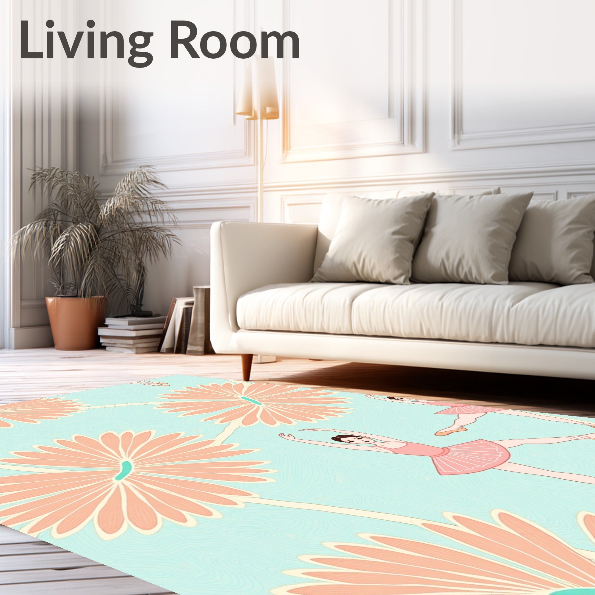 Peach Ballerinas on Aqua Floral Background Rug