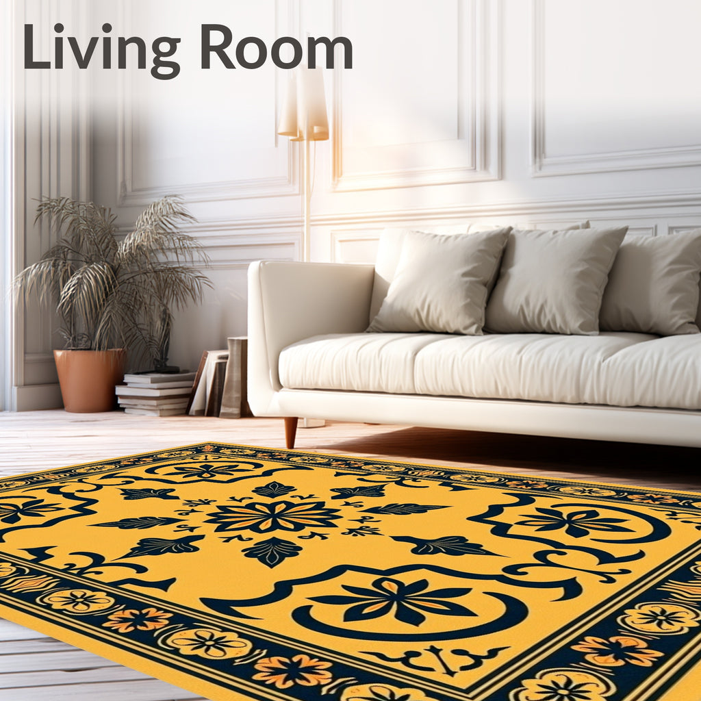 Golden Yellow Floral Border Medallion Rug