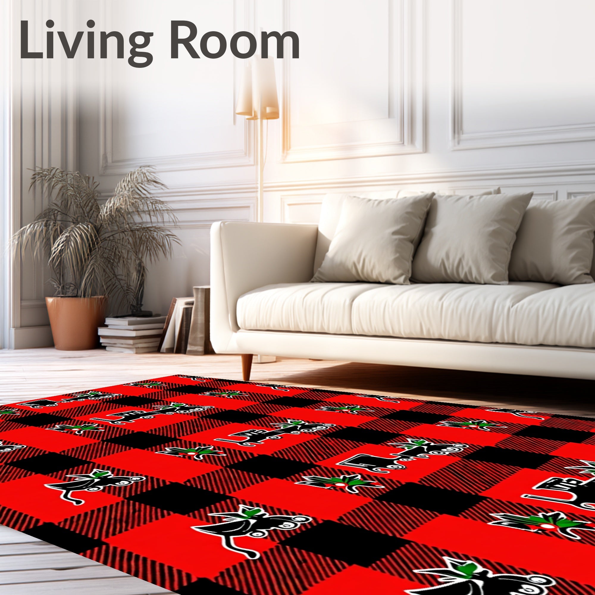 Red Black Buffalo Plaid Train Holly Rug