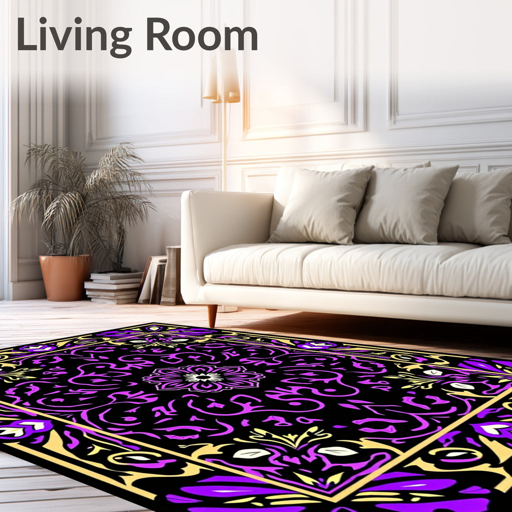 Purple Gold Black Floral Medallion Border Rug