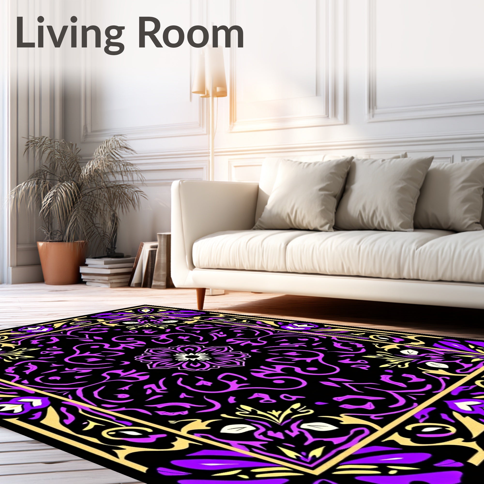 Purple Gold Black Floral Medallion Border Rug