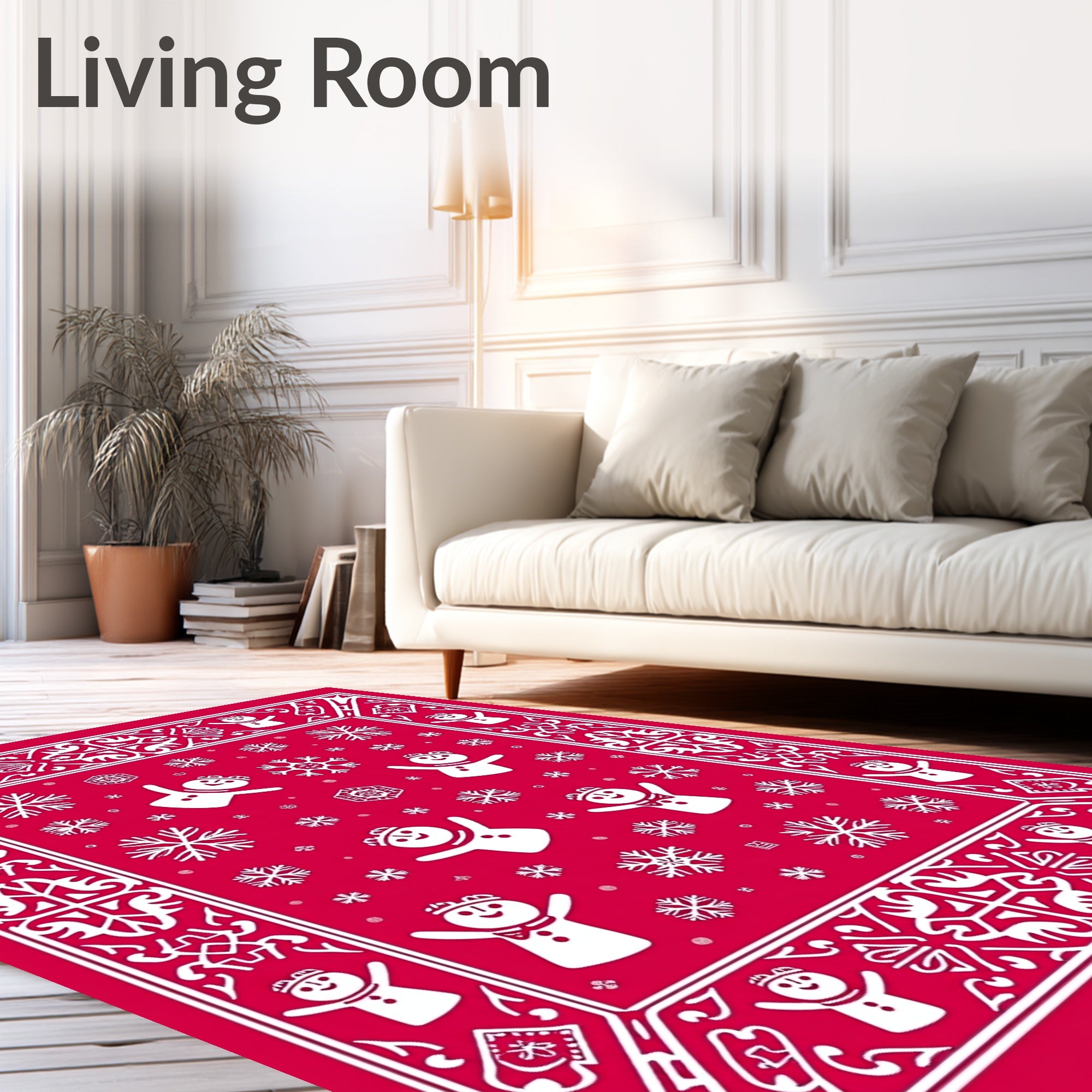 Crimson Snowman Snowflake Border Rug
