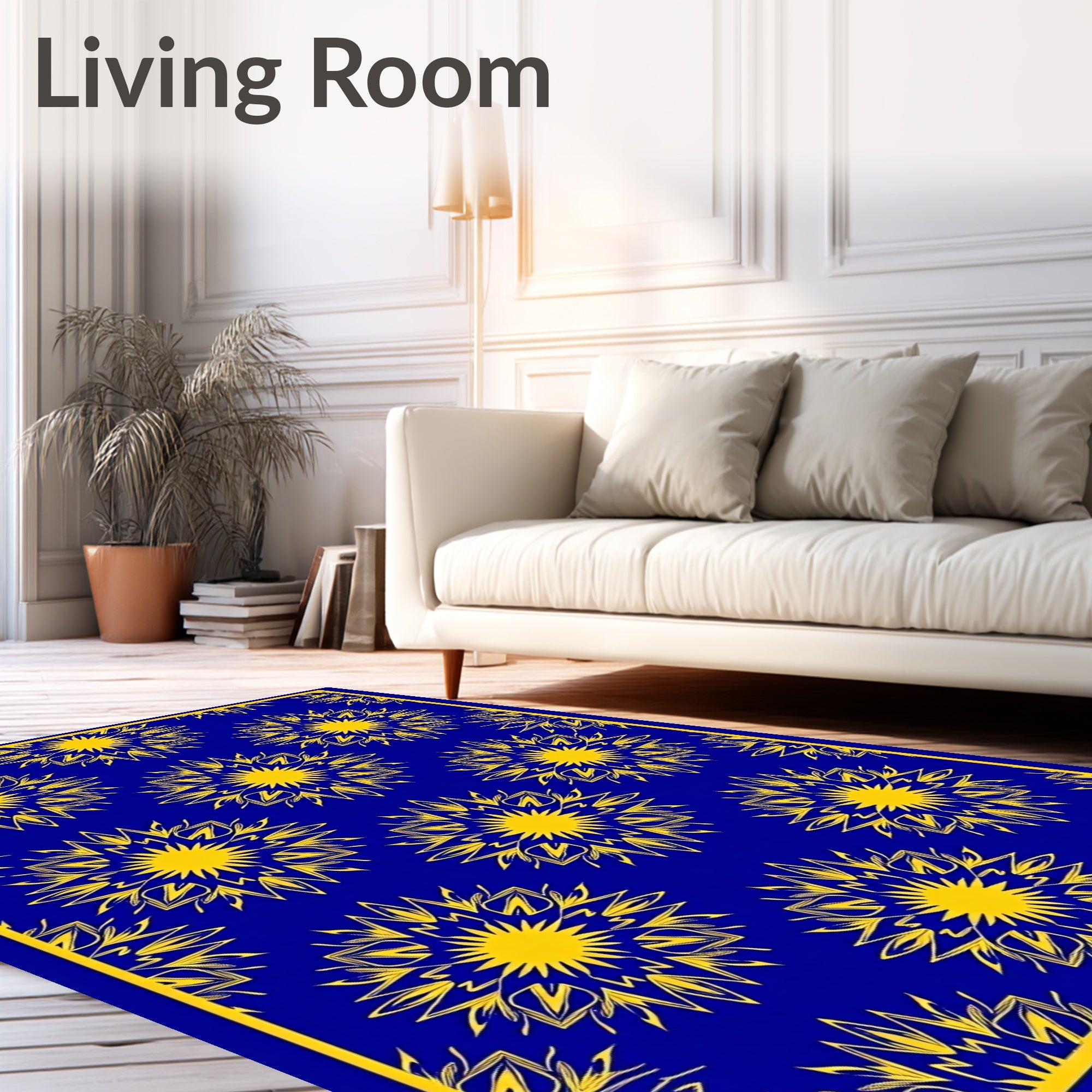 Royal Blue Yellow Sunburst Medallion Rug