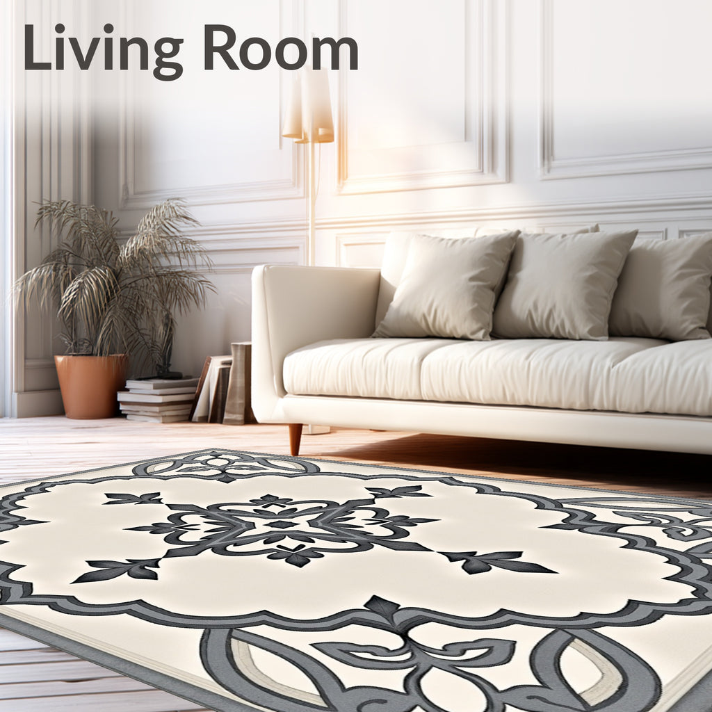 Ornate Gray Scrollwork Medallion Rug