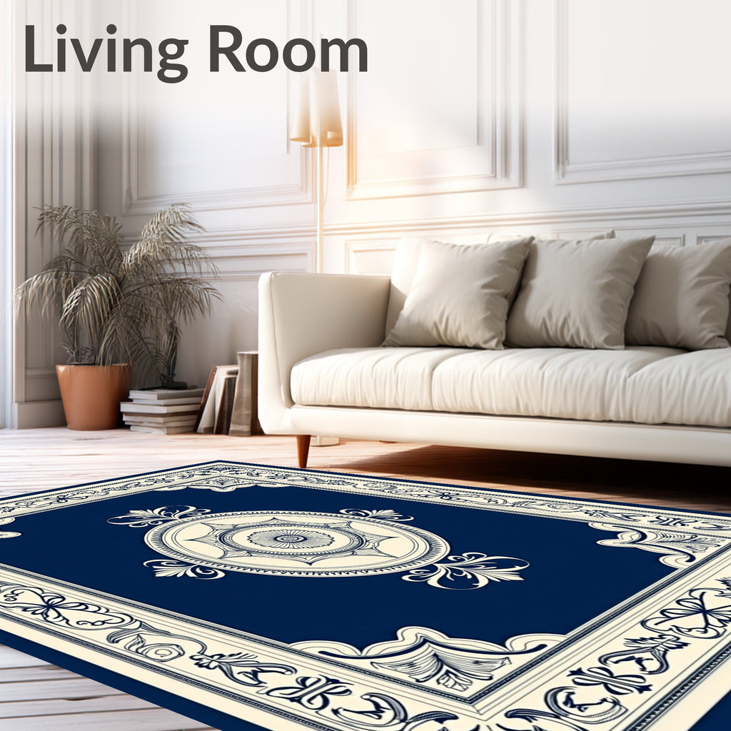 Classic Navy Floral Medallion Border Rug
