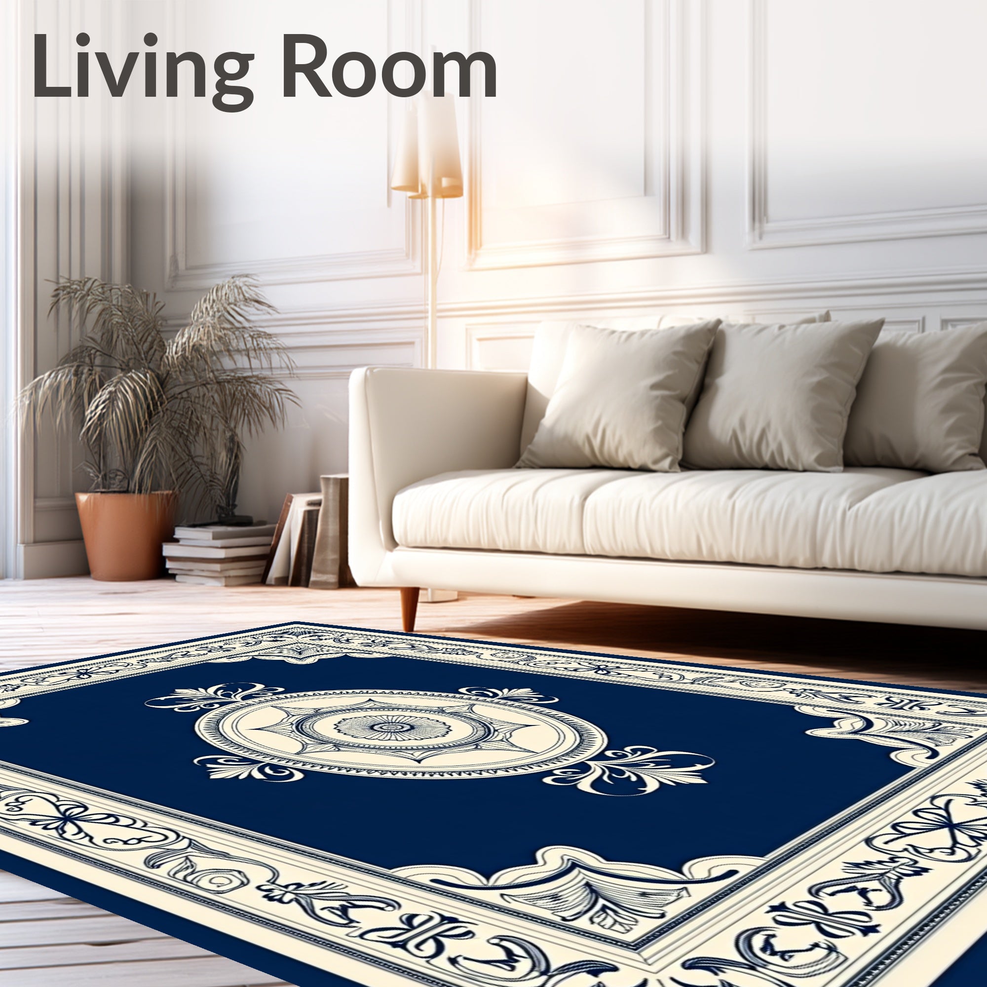 Classic Navy Floral Medallion Border Rug