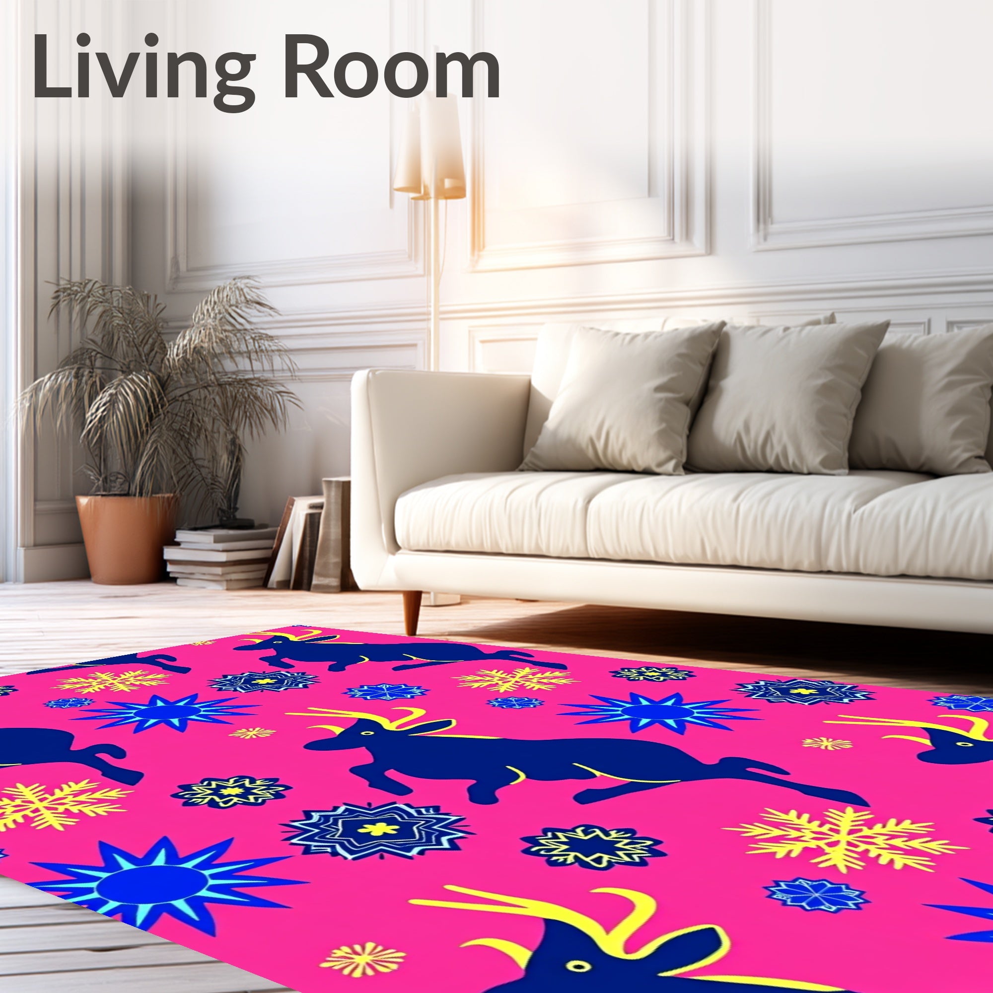 Pink Royal Blue Yellow Reindeer Snowflakes Rug