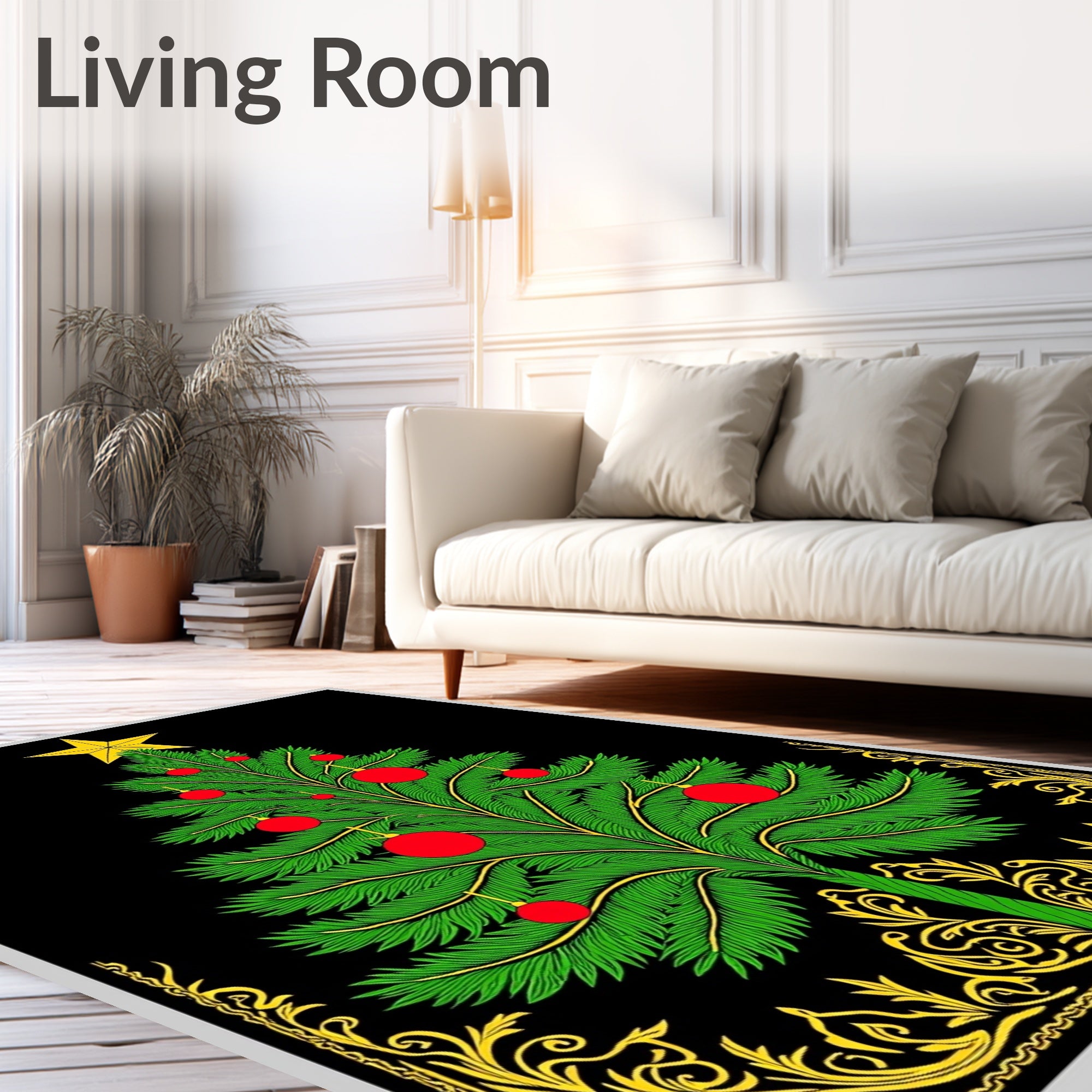 Festive Green Christmas Tree Golden Border Rug