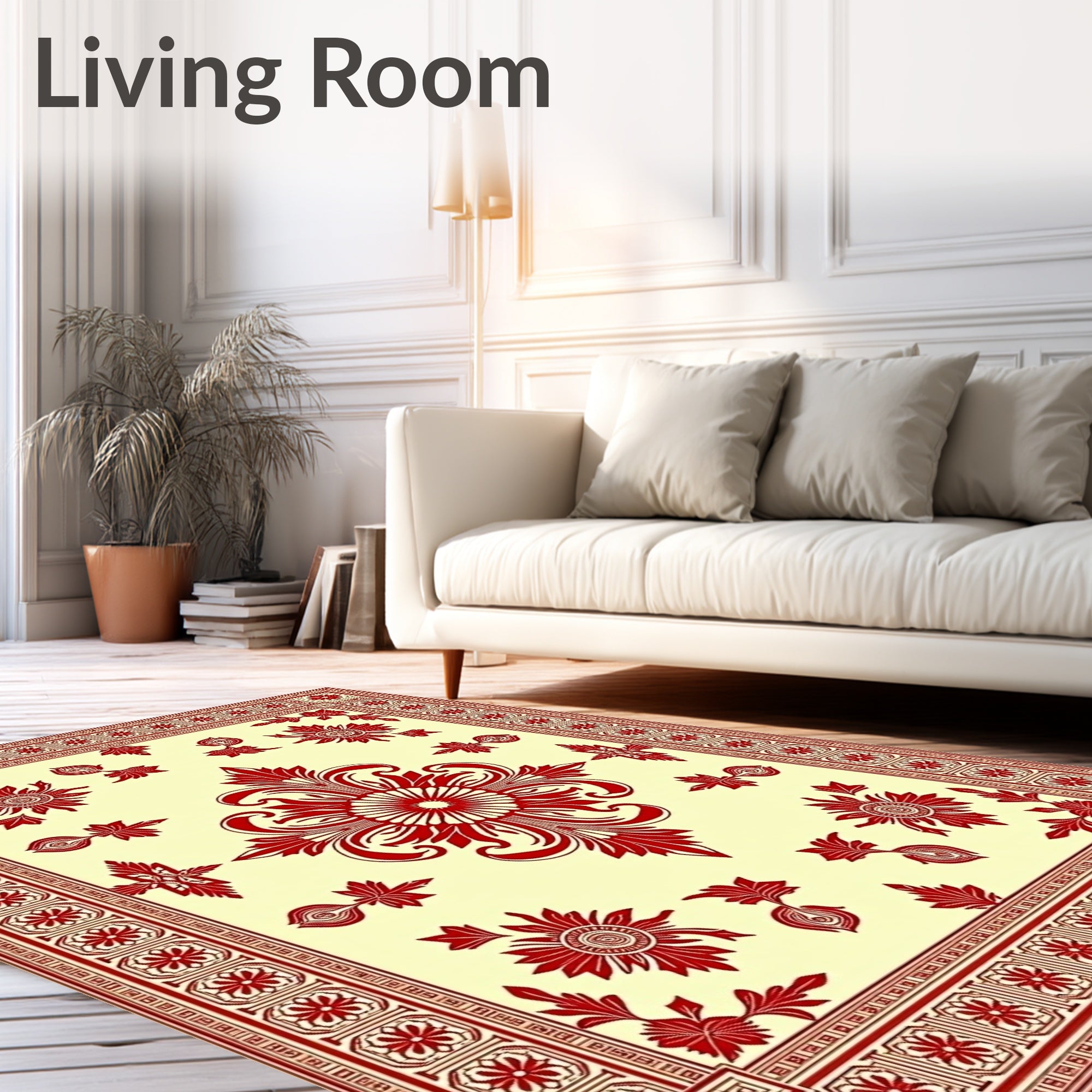 Crimson Floral Medallion Cream Border Rug