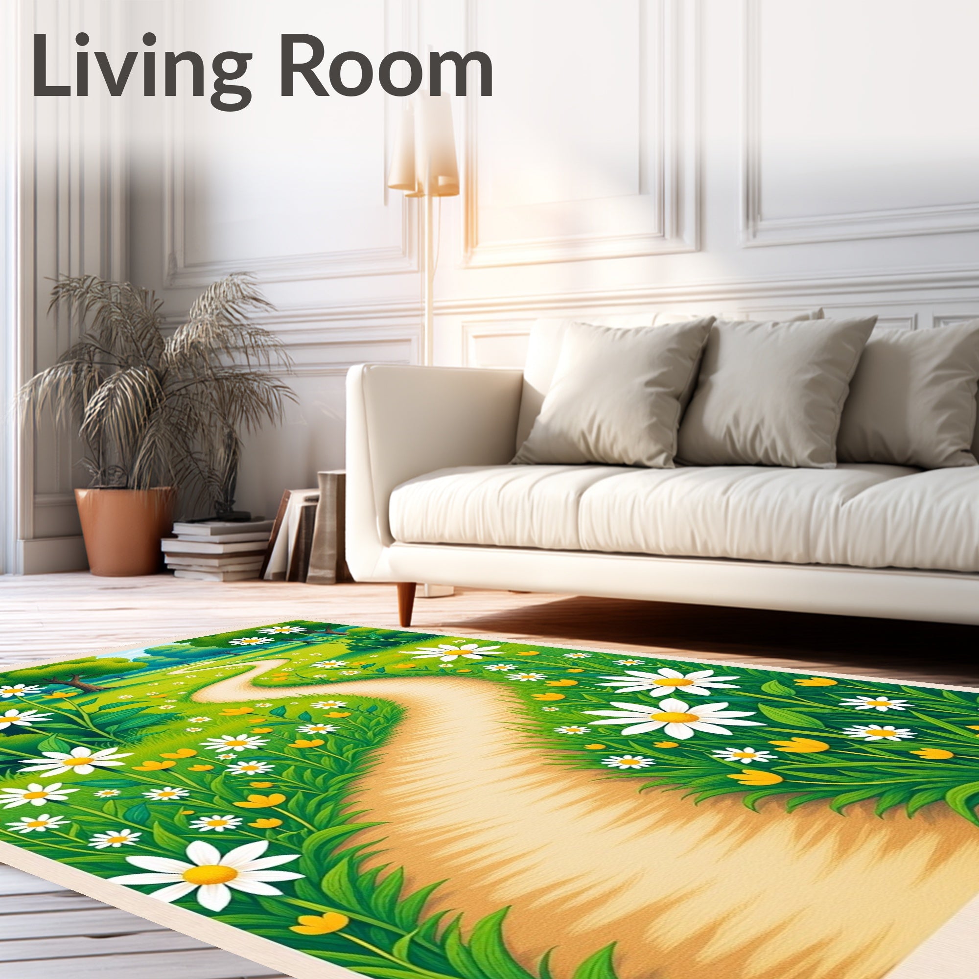 Whimsical White Daisy Meadow Path Rug