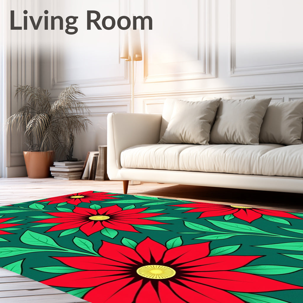Bold Red Floral With Green Leaves Rug