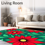 Bold Red Floral With Green Leaves Rug