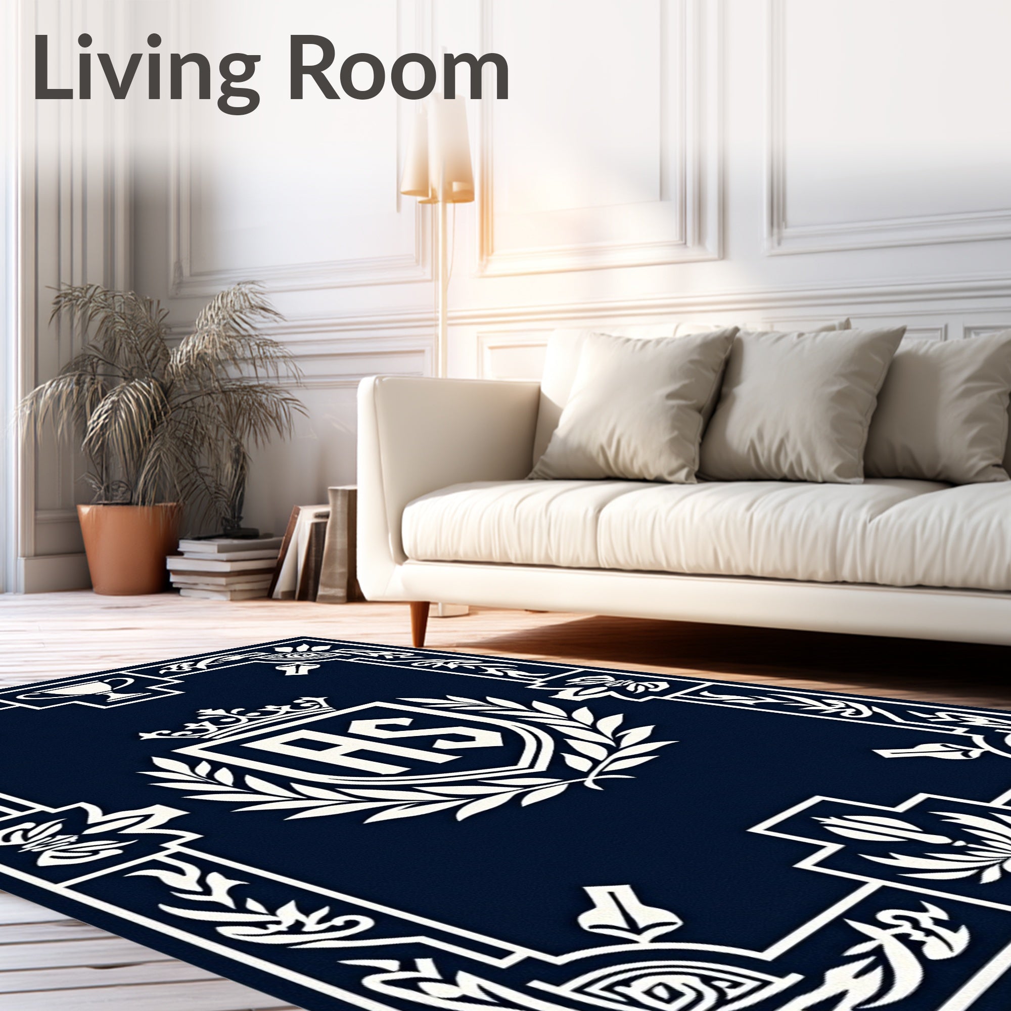 Navy Crest Laurel Emblem Rectangle Rug