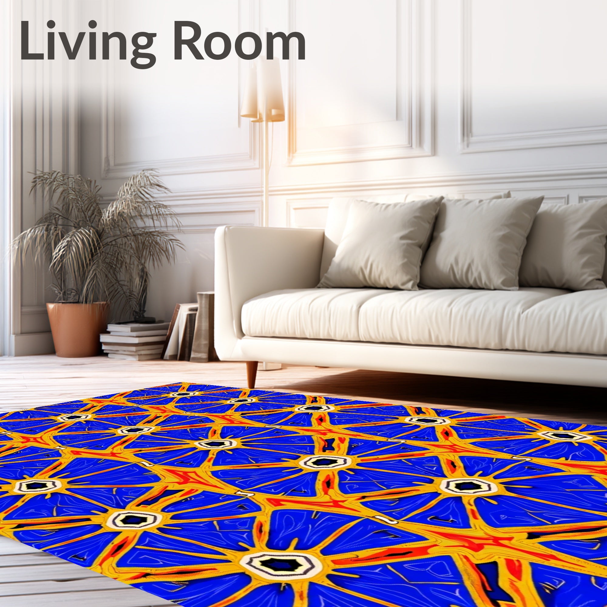 Vibrant Blue Yellow Starburst Medallion Rug