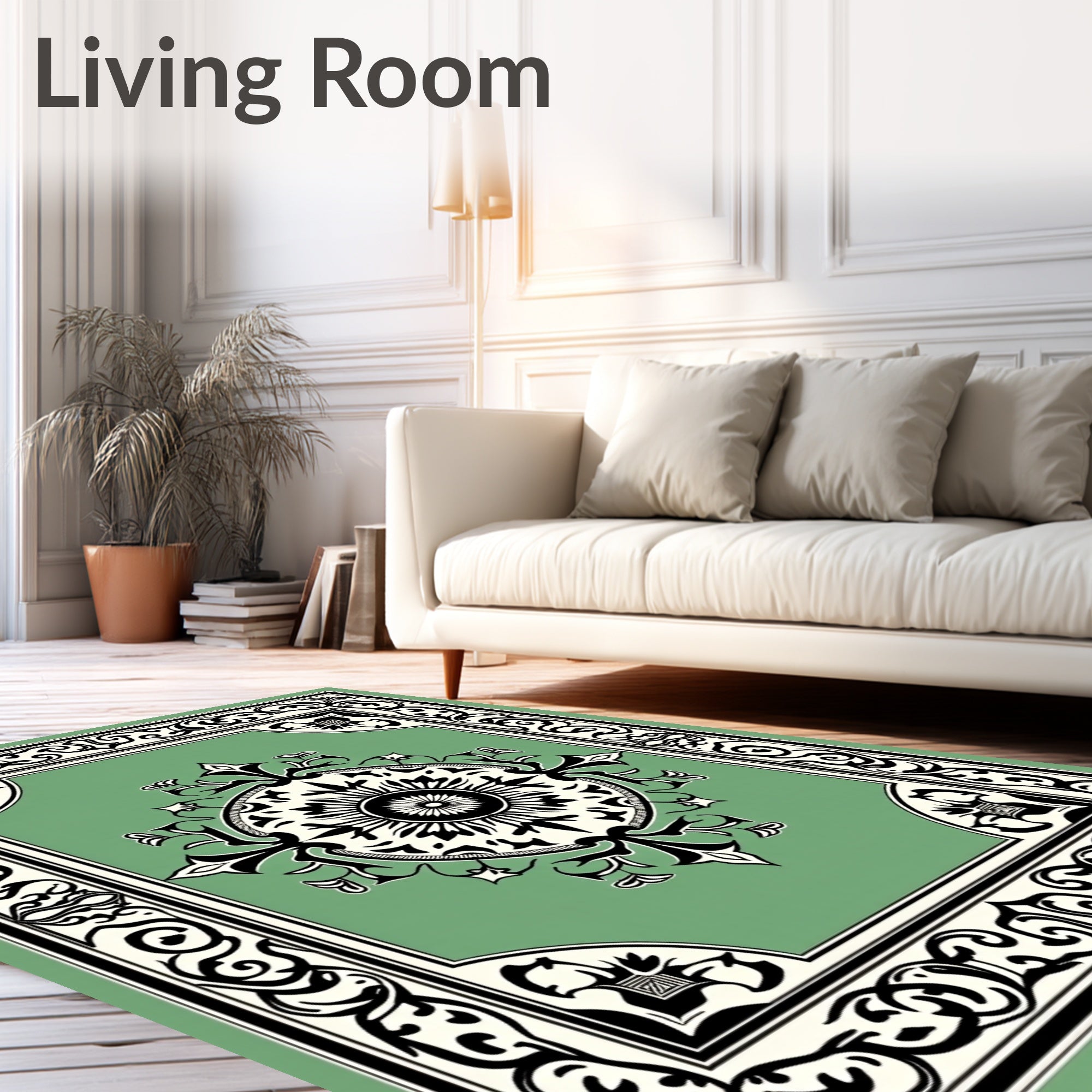 Sage Green Floral Medallion Border Rug