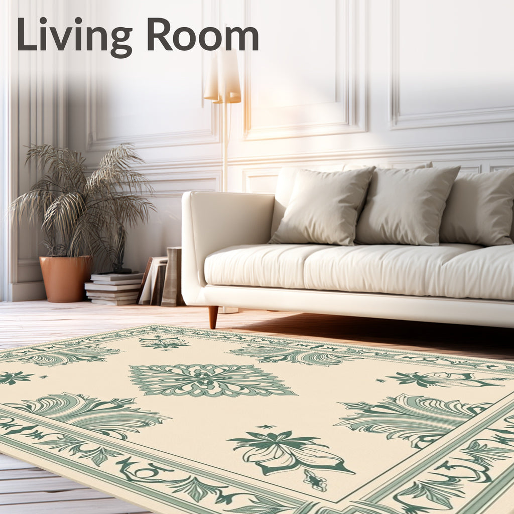Cream Green Floral Medallion Border Rug