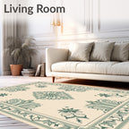 Cream Green Floral Medallion Border Rug