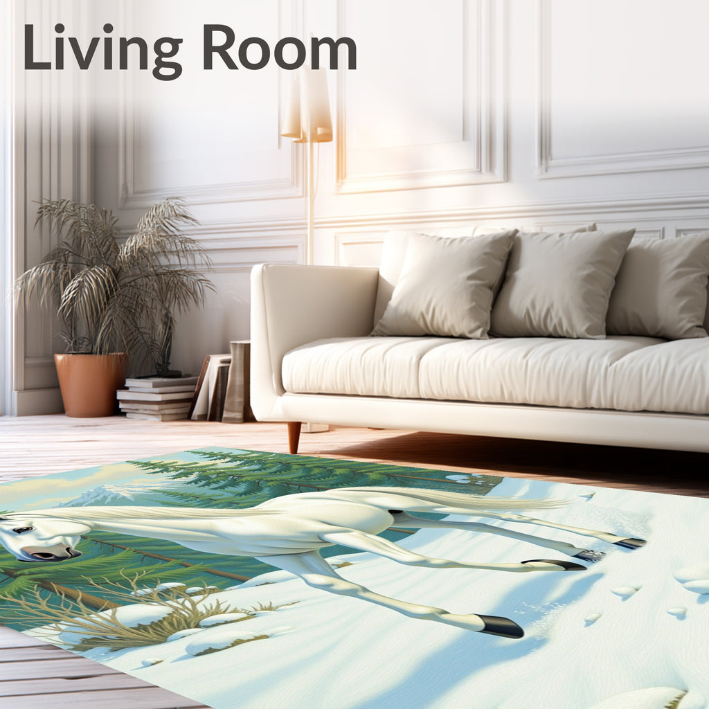Majestic White Horse Winter Forest Scene Rug
