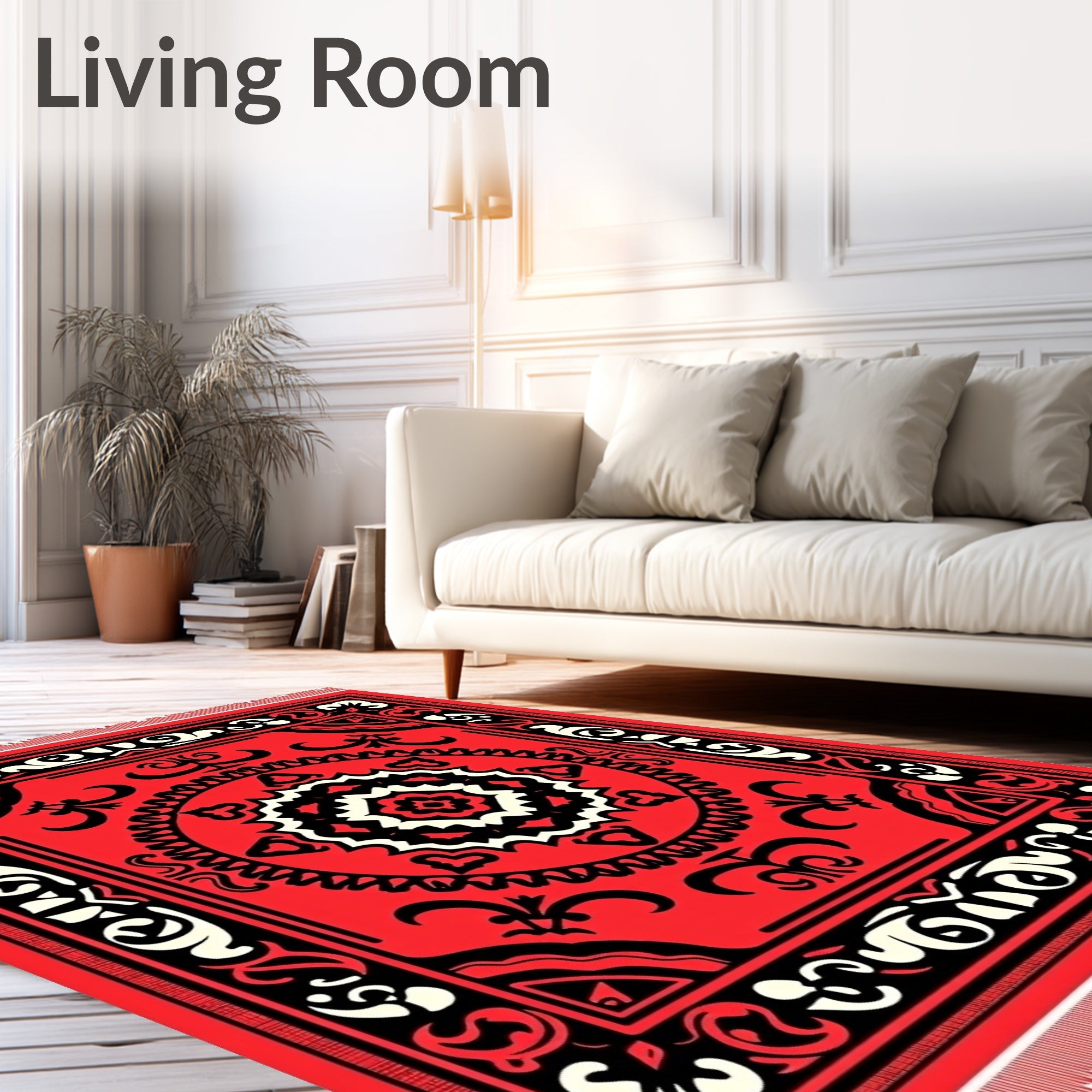 Vibrant Red Black Medallion Border Rug