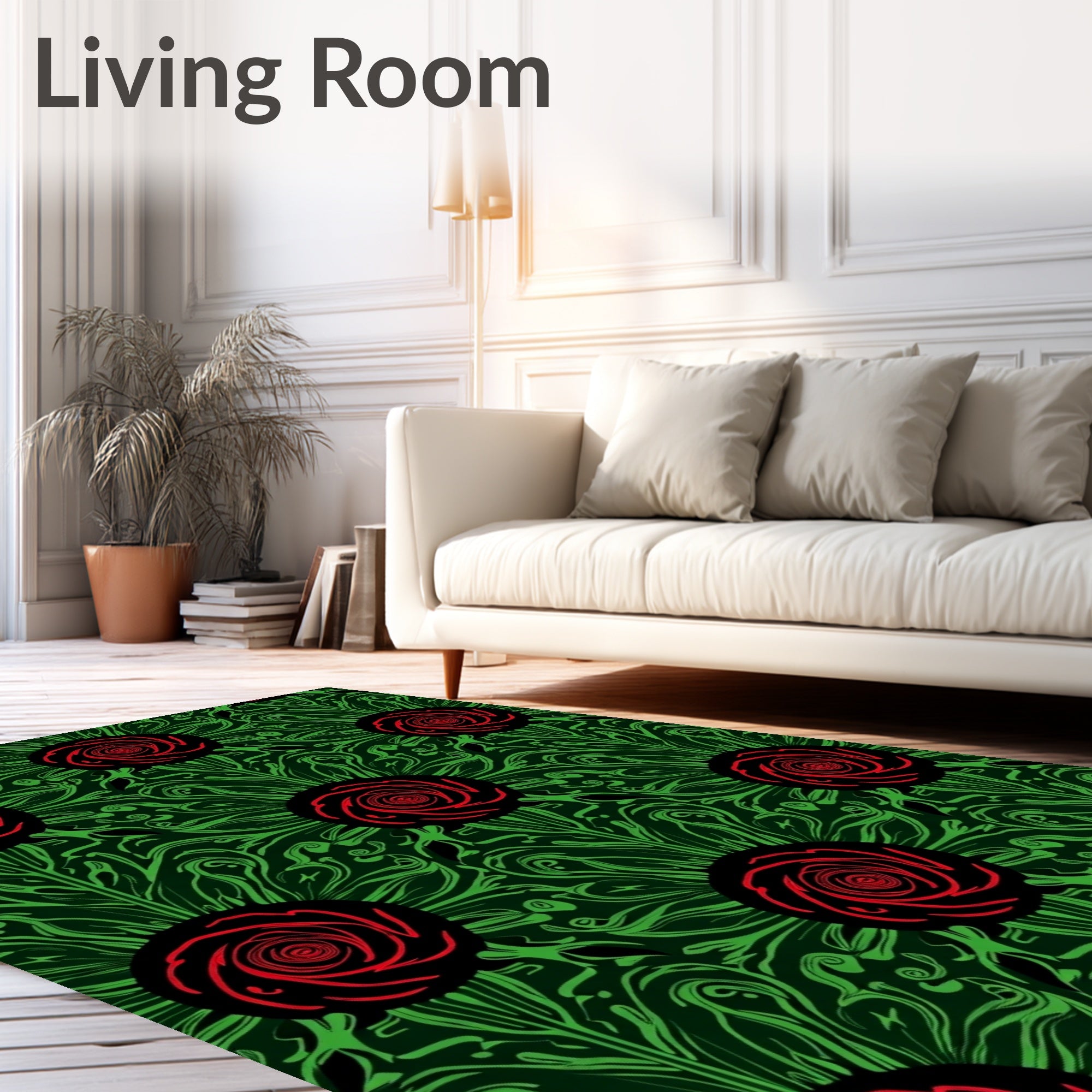 Dark Emerald Red Rose Swirls Rug