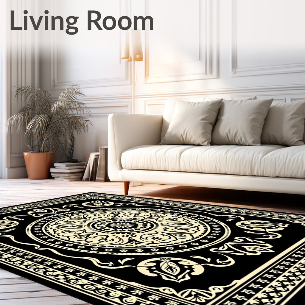 Black Cream Floral Medallion Frame Rug