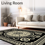 Black Cream Floral Medallion Frame Rug