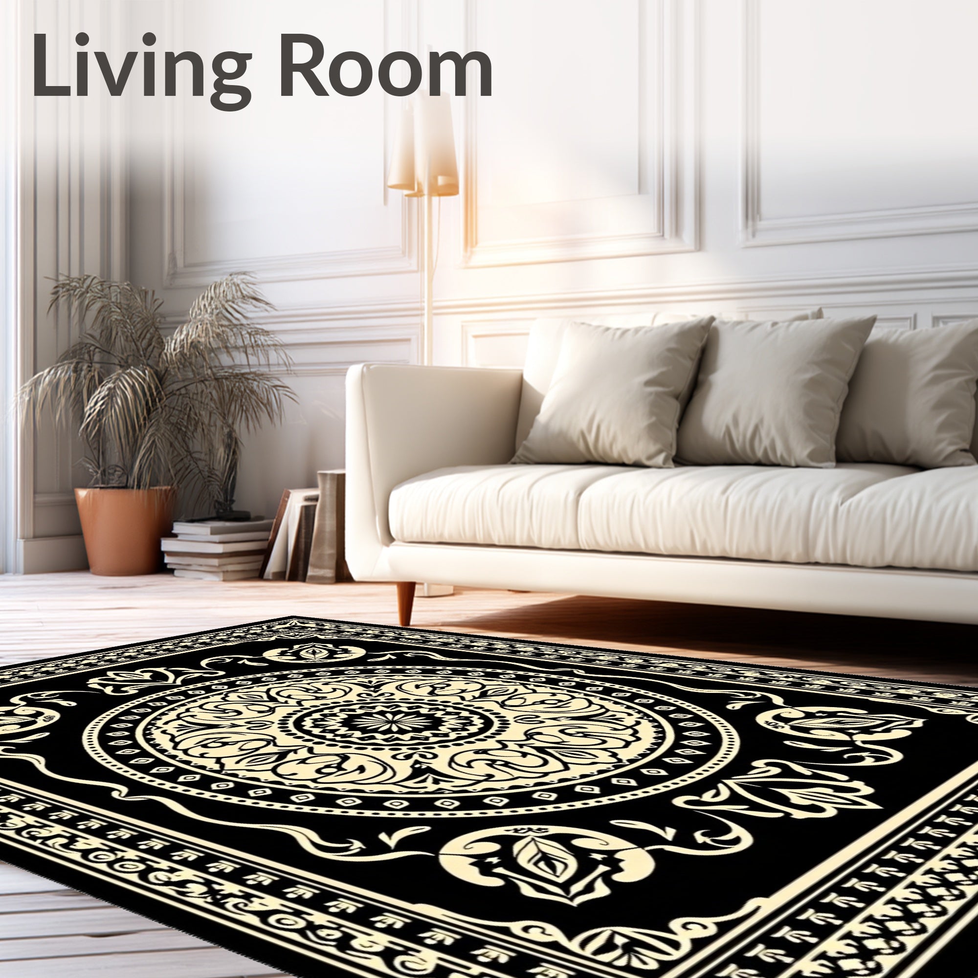 Black Cream Floral Medallion Frame Rug