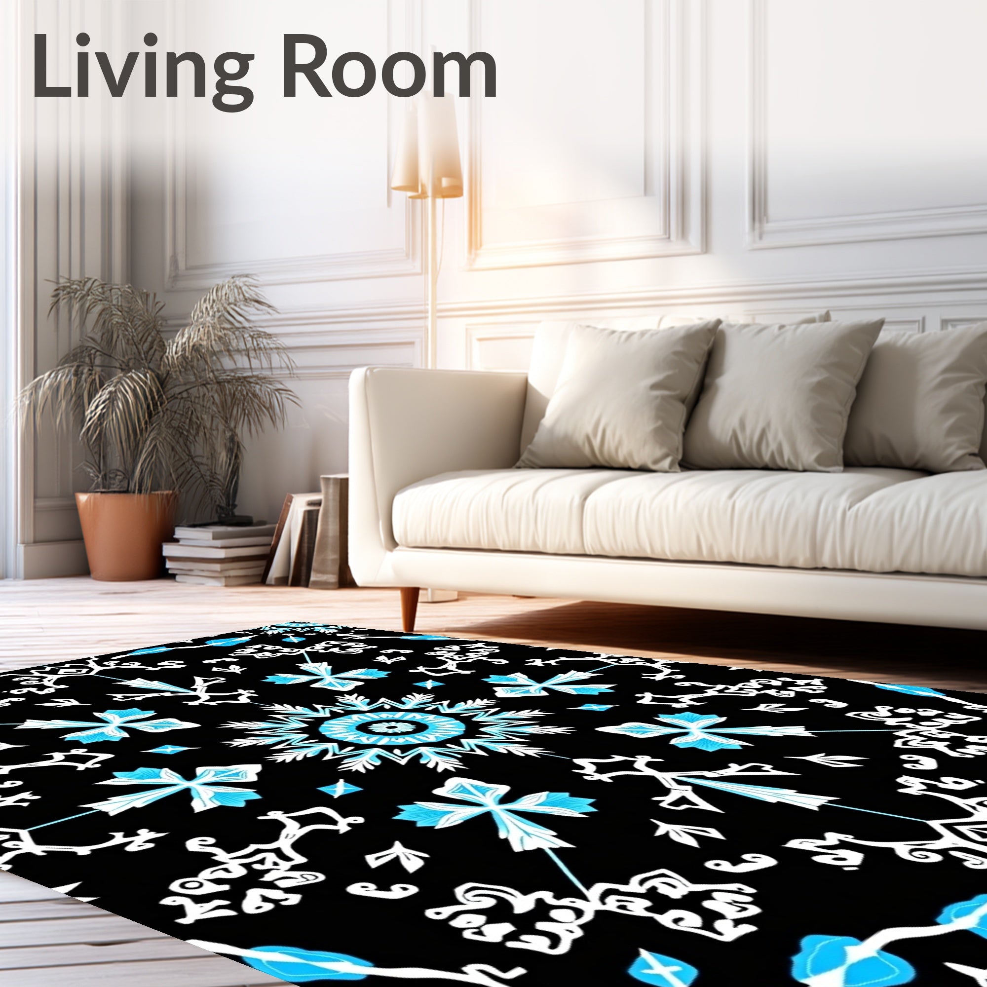 Black Teal White Floral Medallion Mandala Rug
