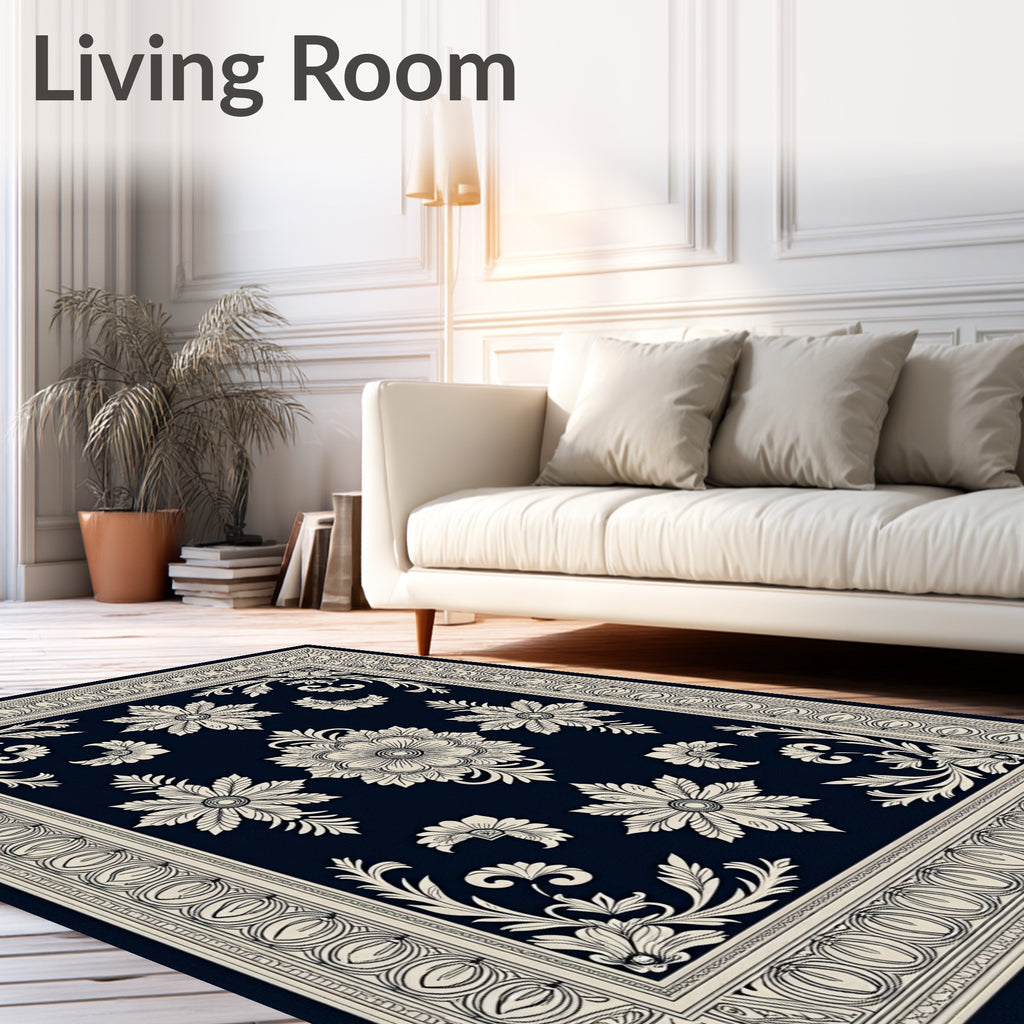 Dark Blue Floral Medallion Garden Rug
