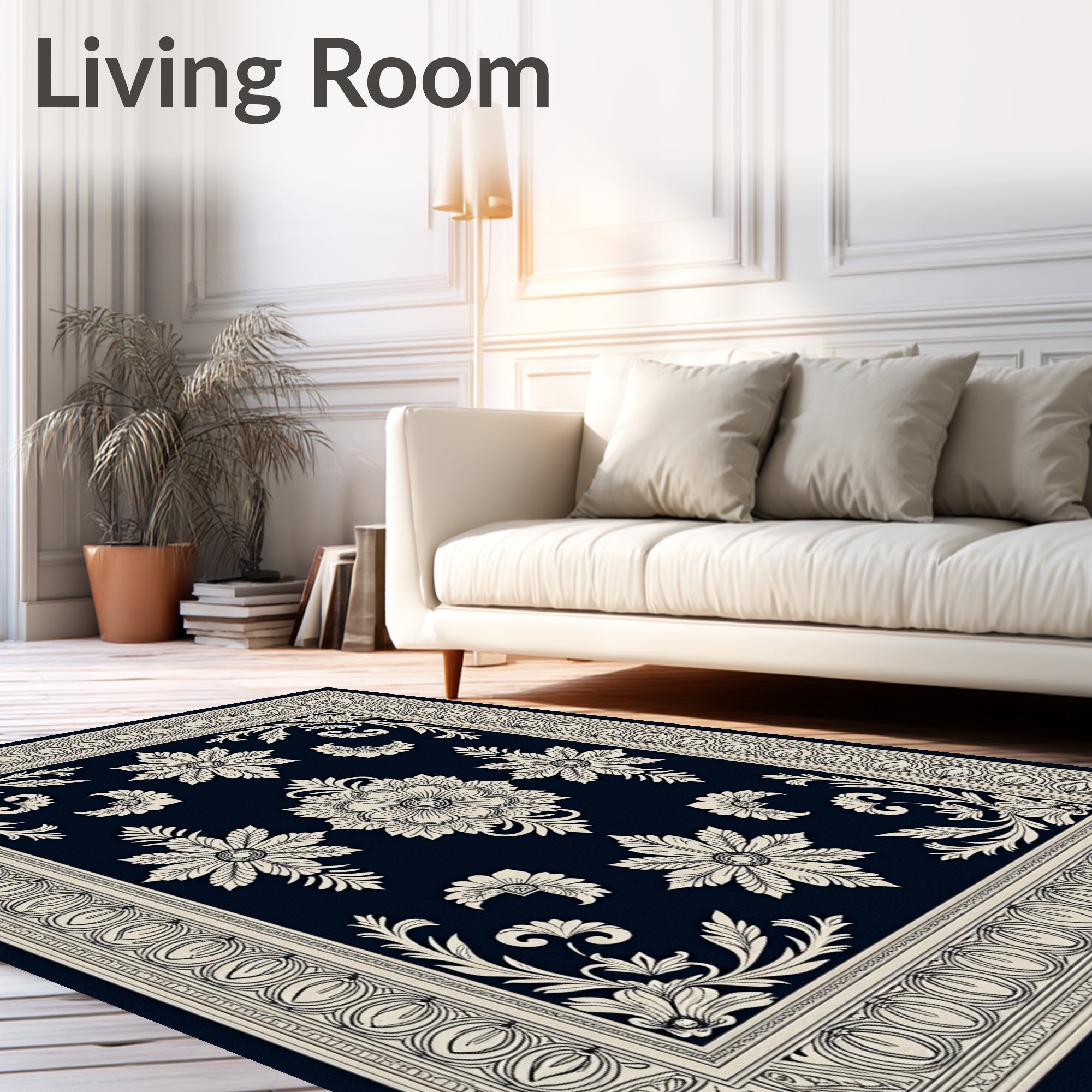 Dark Blue Floral Medallion Garden Rug
