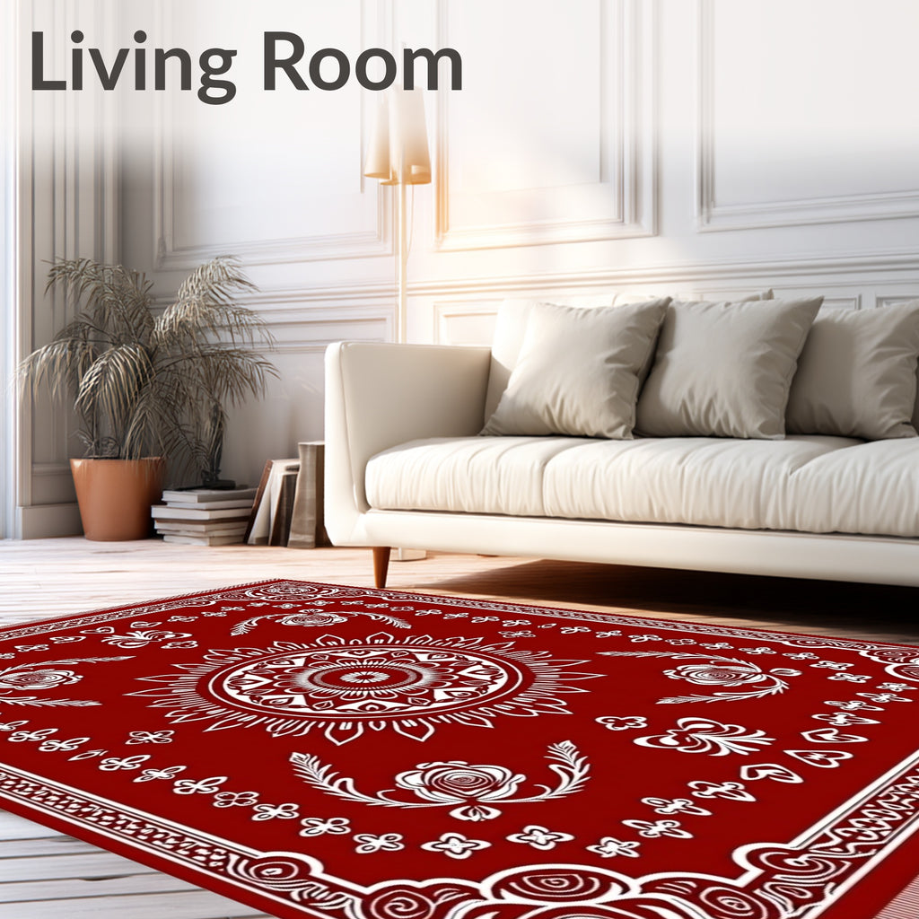 Red White Floral Mandala Border Rug