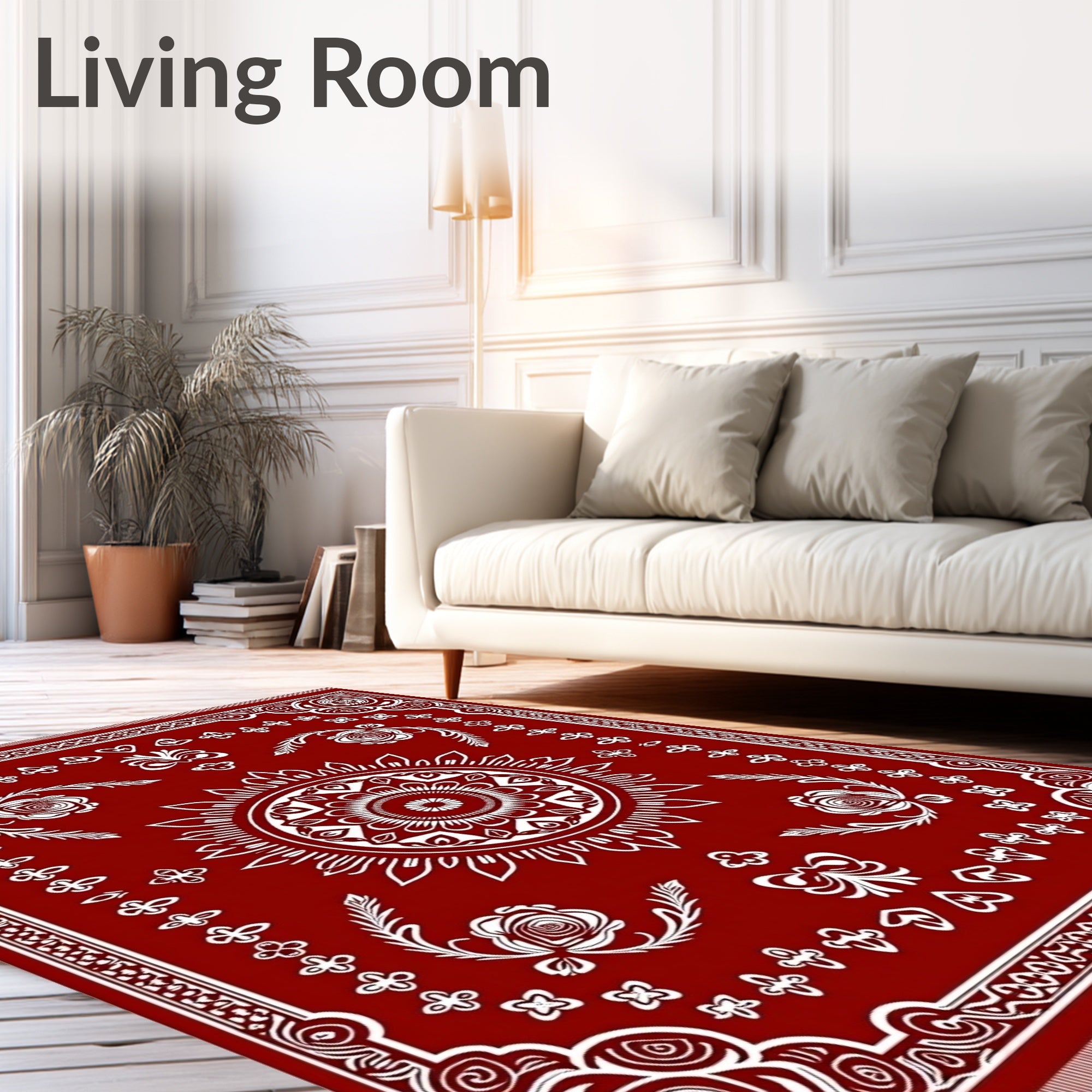 Red White Floral Mandala Border Rug