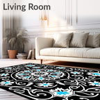 Black White Blue Floral Medallion Rug
