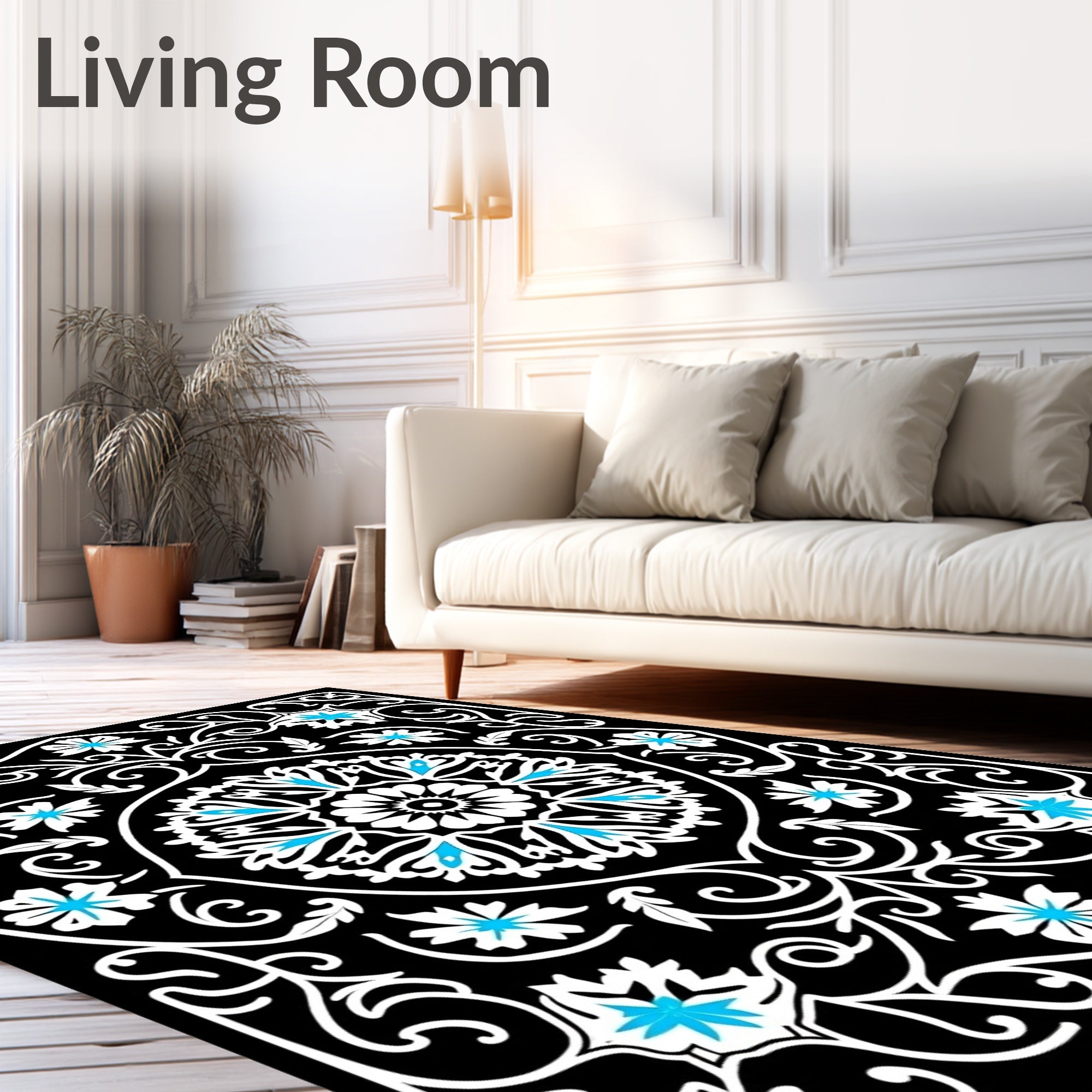 Black White Blue Floral Medallion Rug