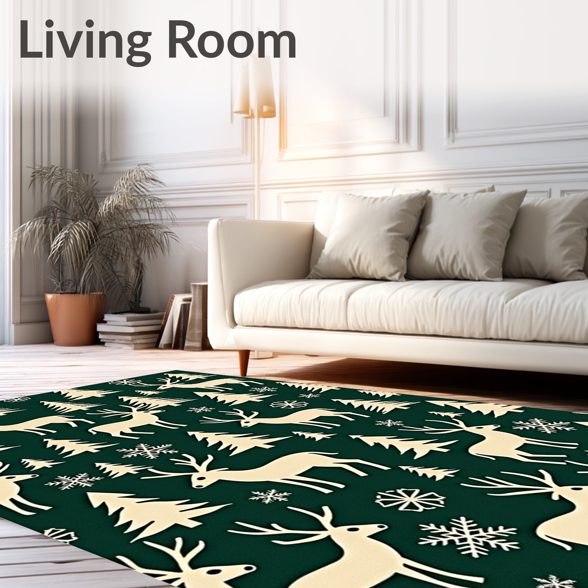 Cream Reindeer Forest Snowflakes Rug