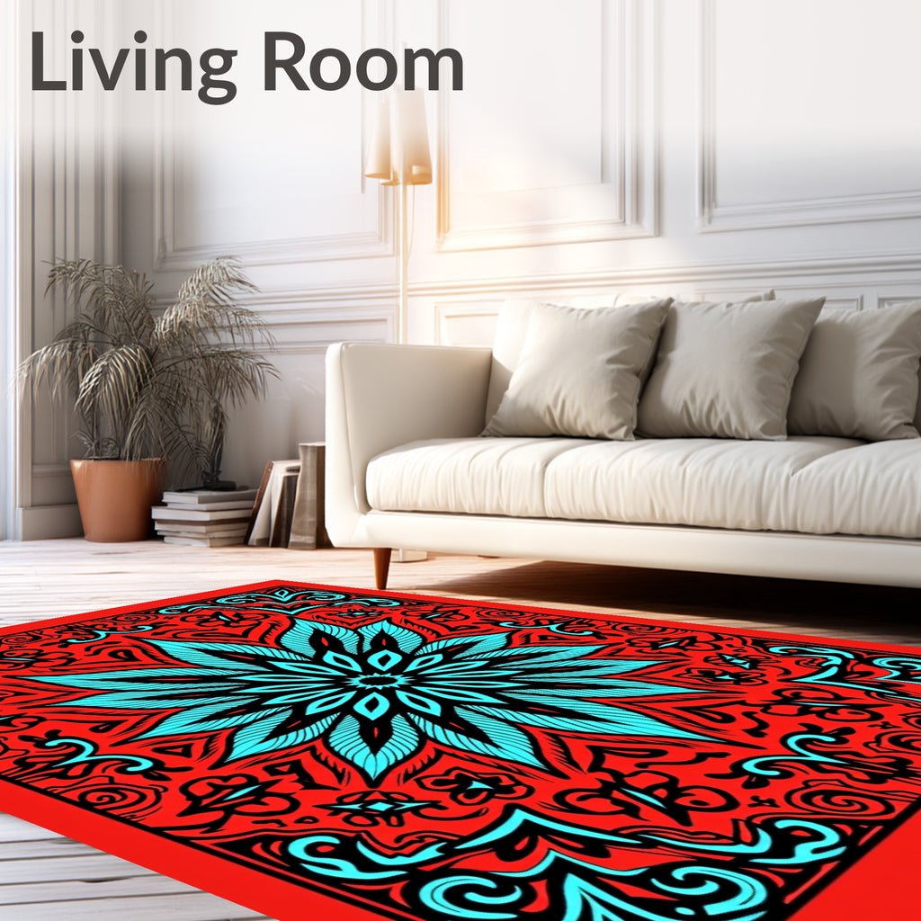 Crimson Aqua Floral Mandala Rug