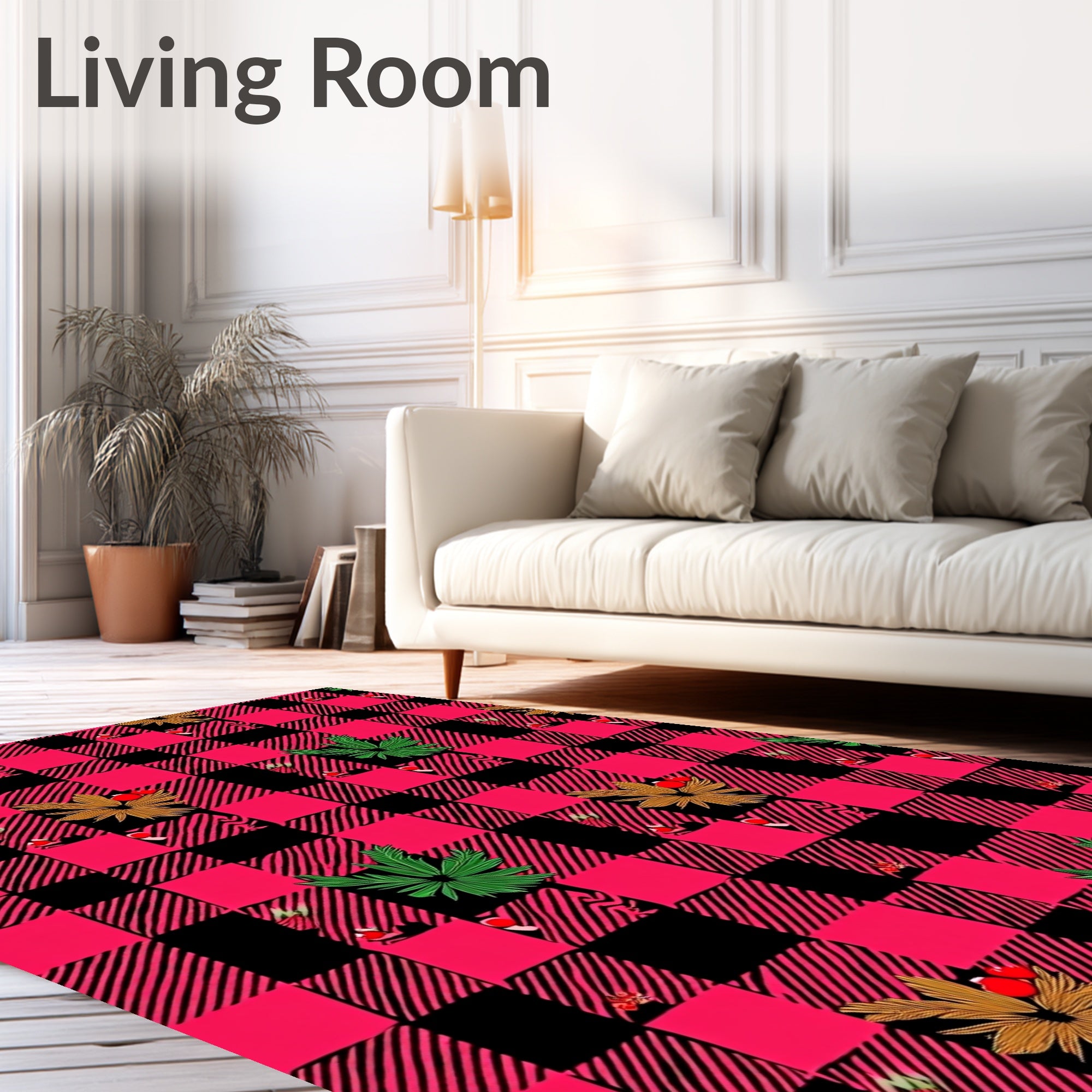Red Black Buffalo Plaid Foliage Accent Rug