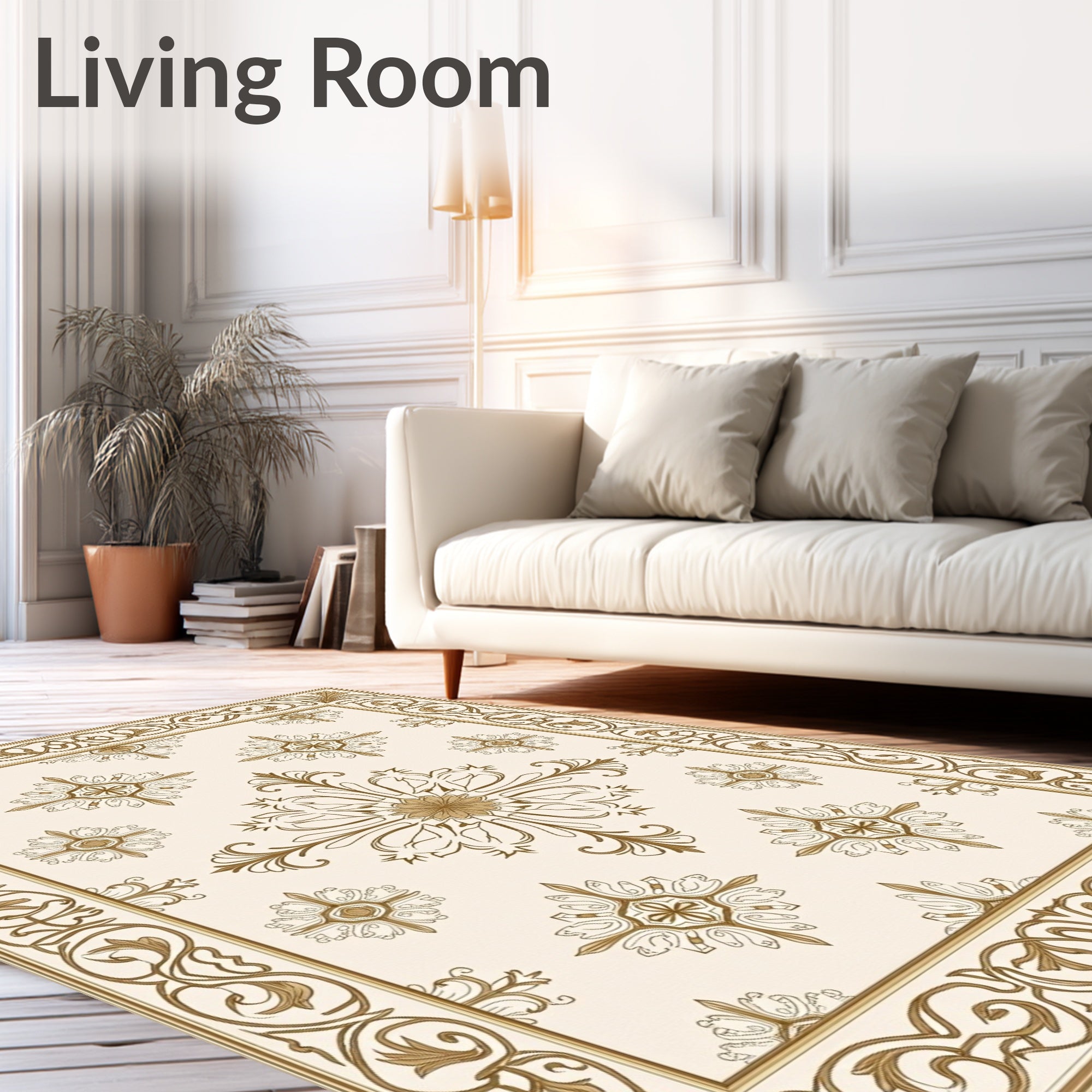 Golden Cream Floral Medallion Border Rug