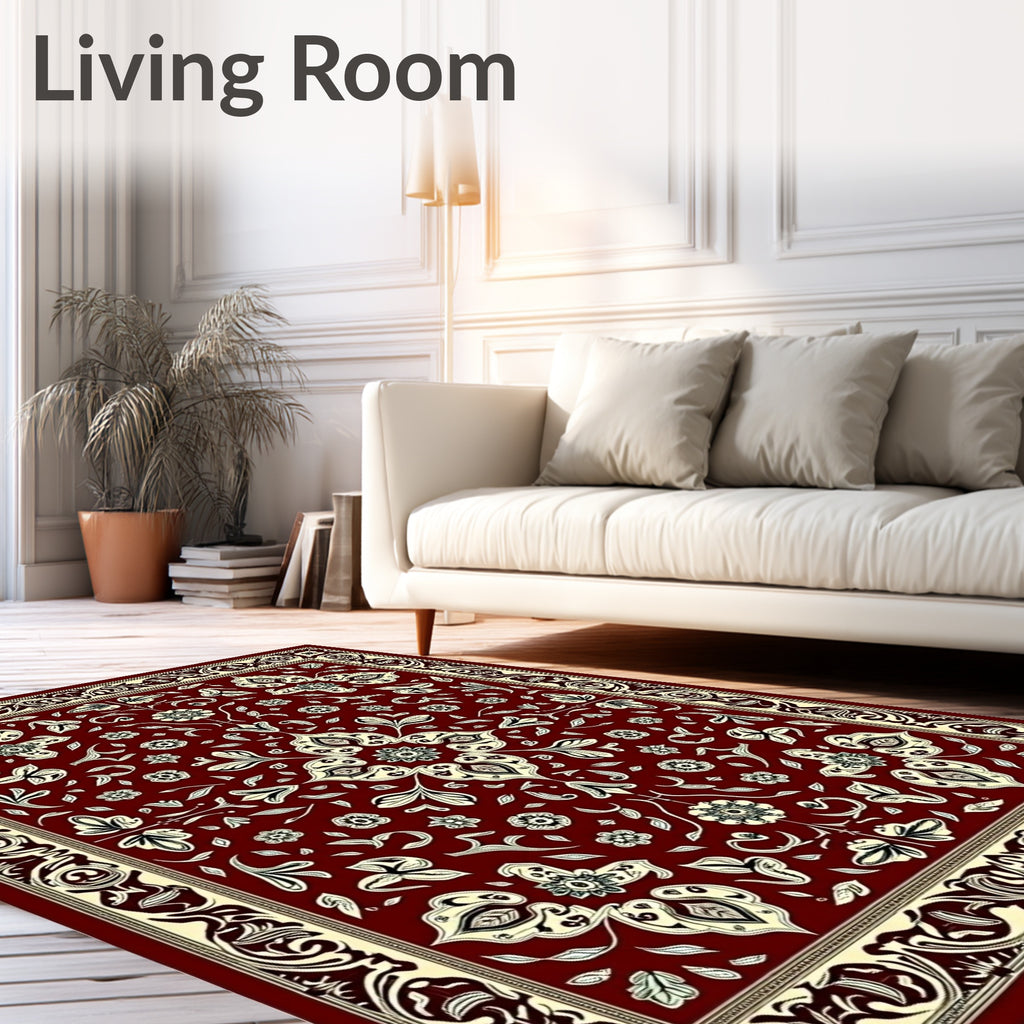 Rich Crimson Botanical Bloom Border Rug