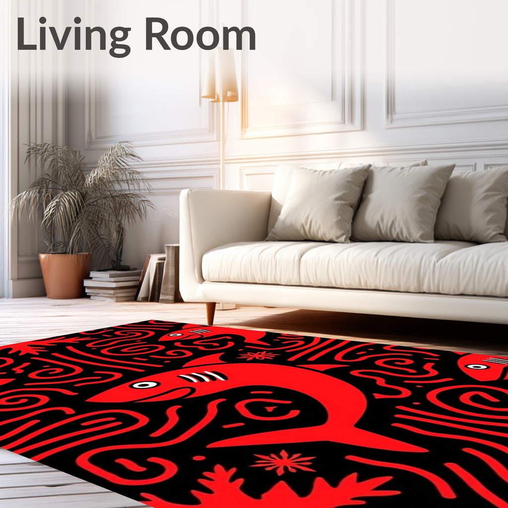 Red Shark Swirls Marine Life Rug