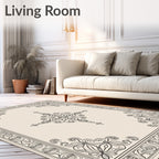 Cream and Black Scroll Medallion Frame Rug
