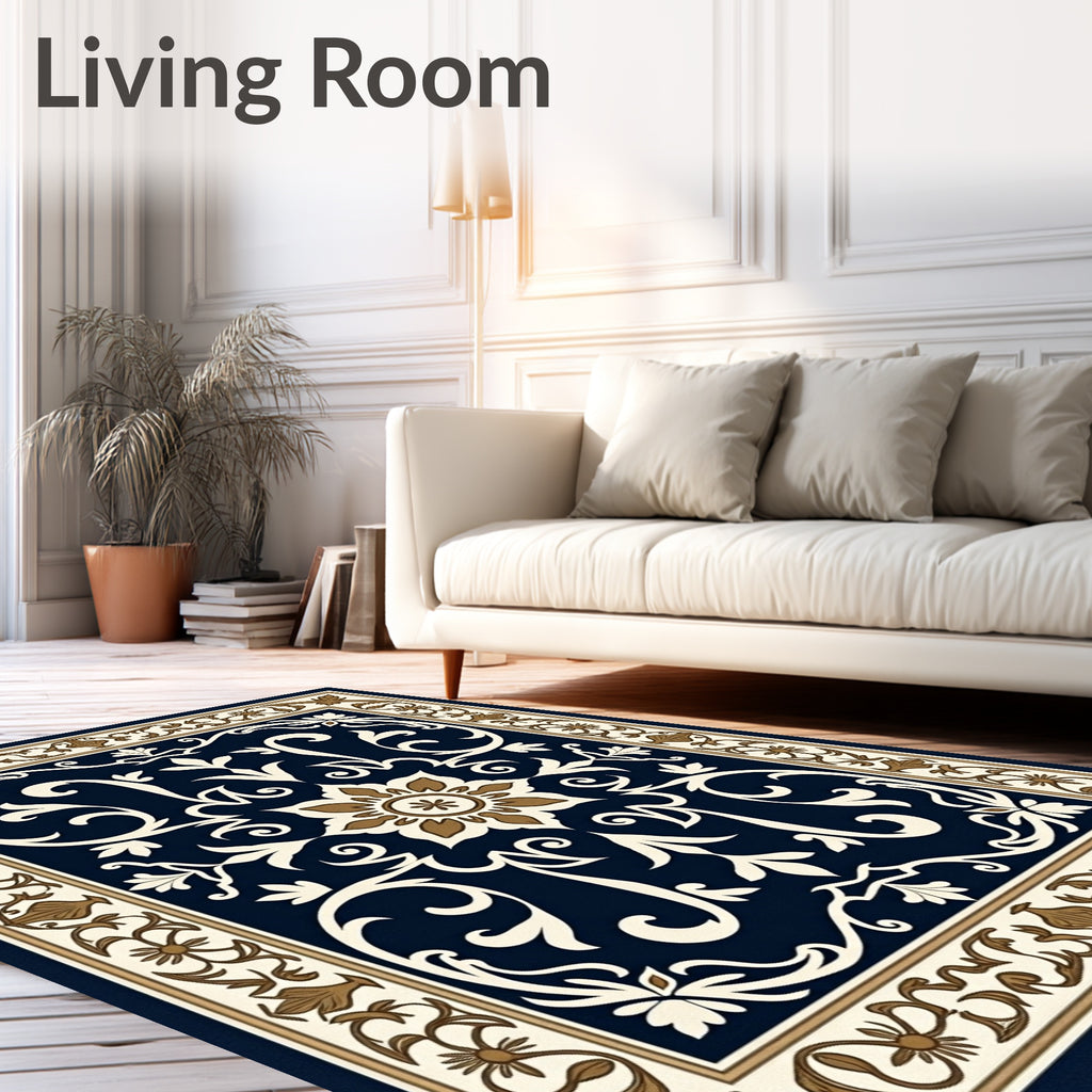 Navy Blue Floral Medallion Traditional Rug