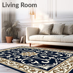 Navy Blue Floral Medallion Traditional Rug