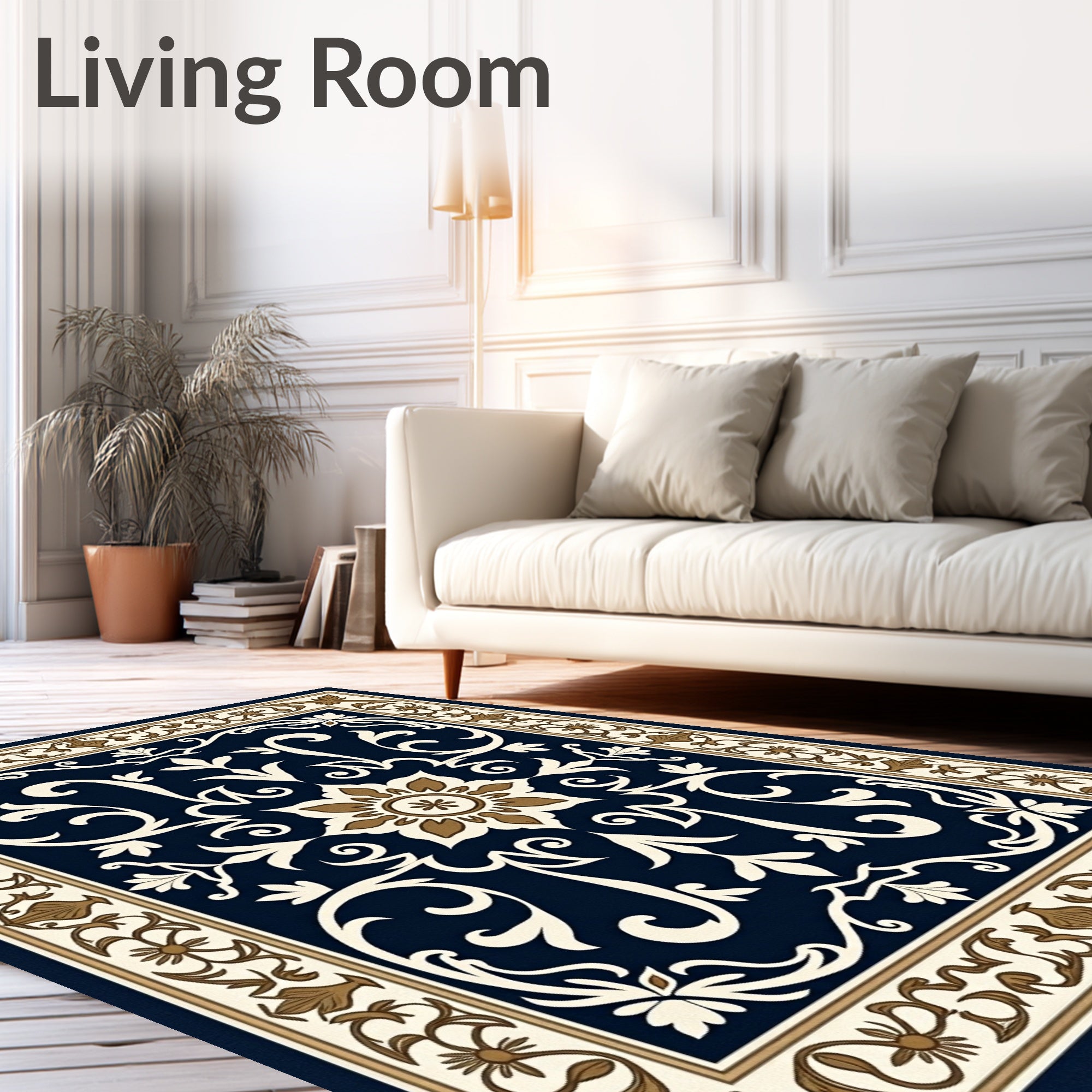 Navy Blue Floral Medallion Traditional Rug
