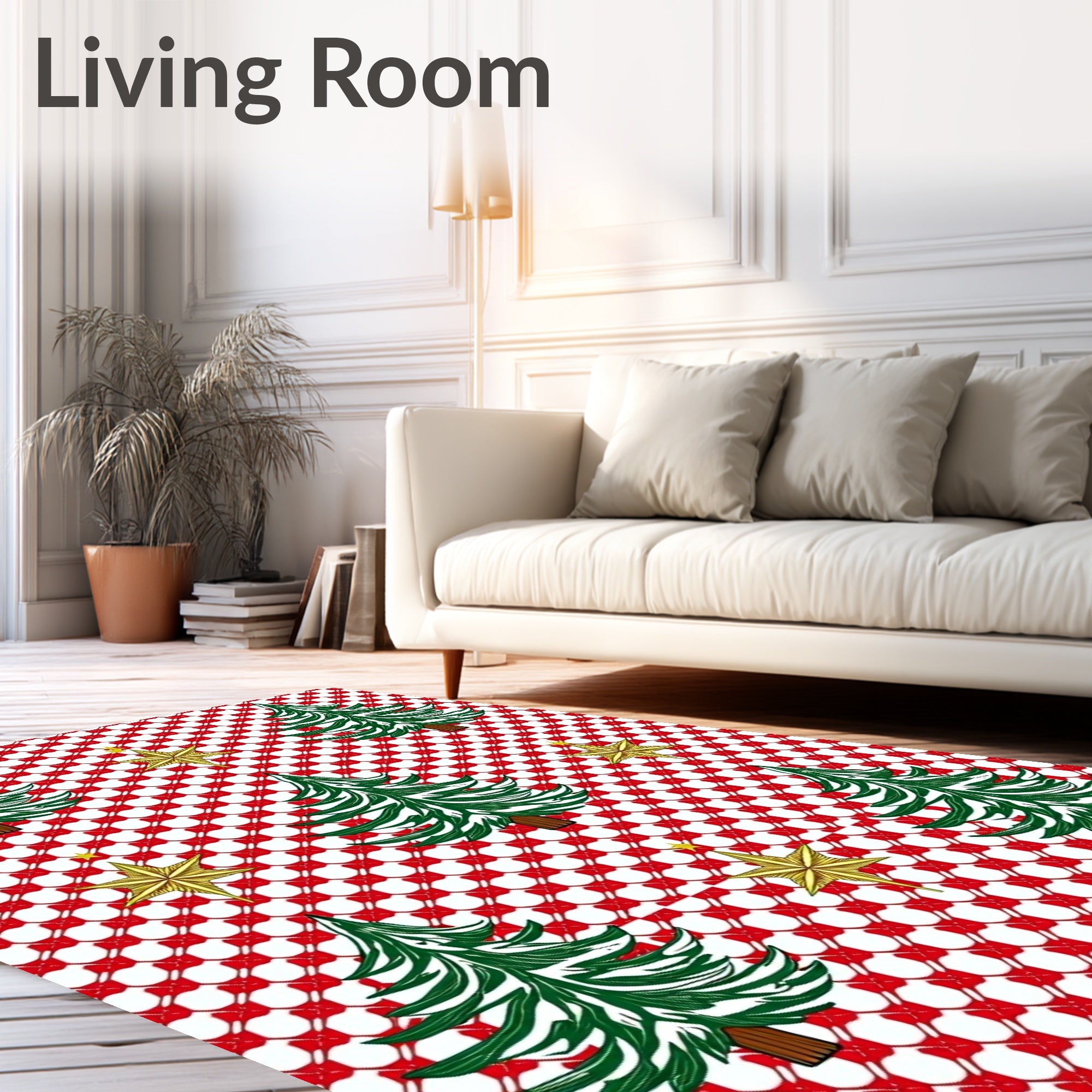 Festive Green Tree Gold Star Overlay Rug
