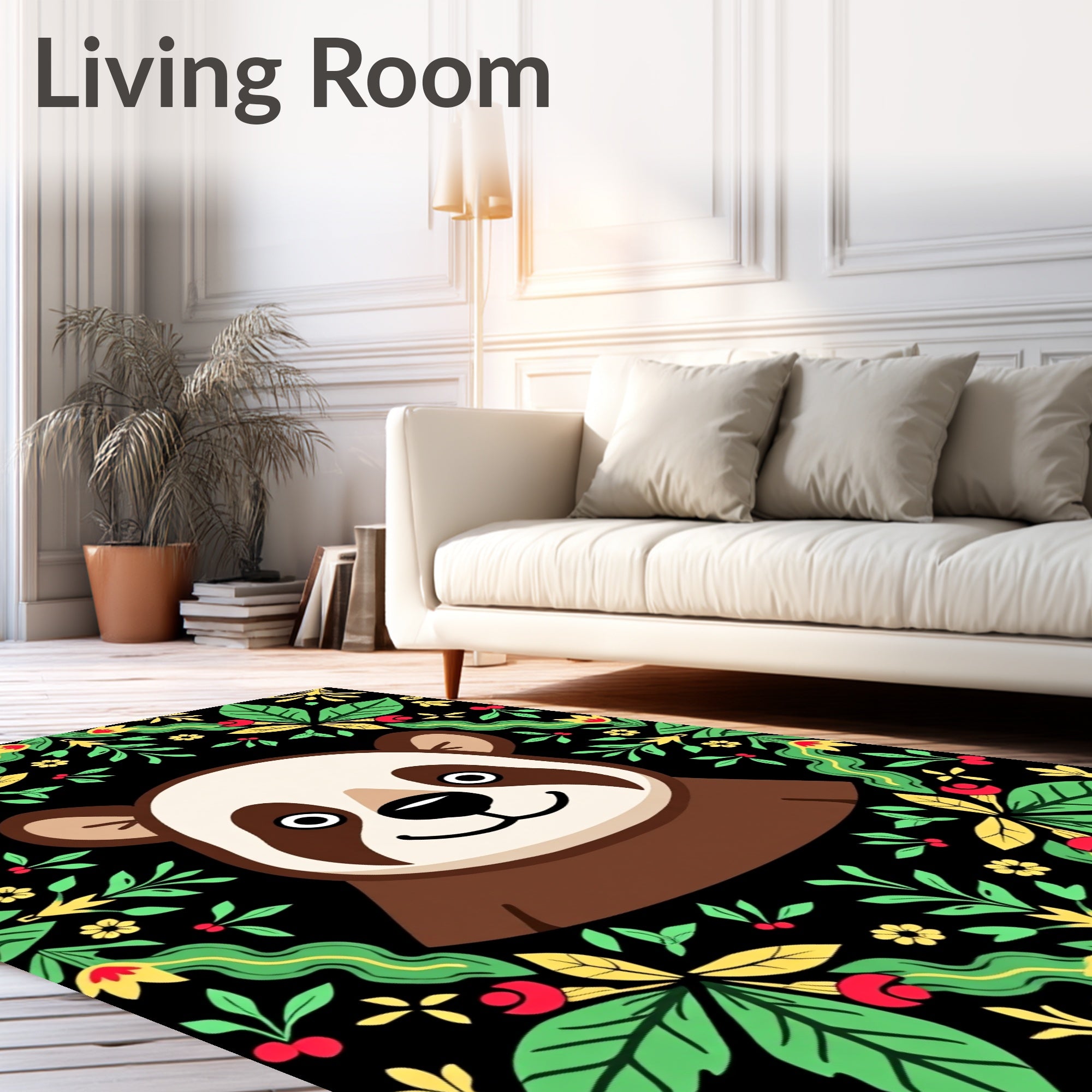 Playful Panda Green Floral Border Rug